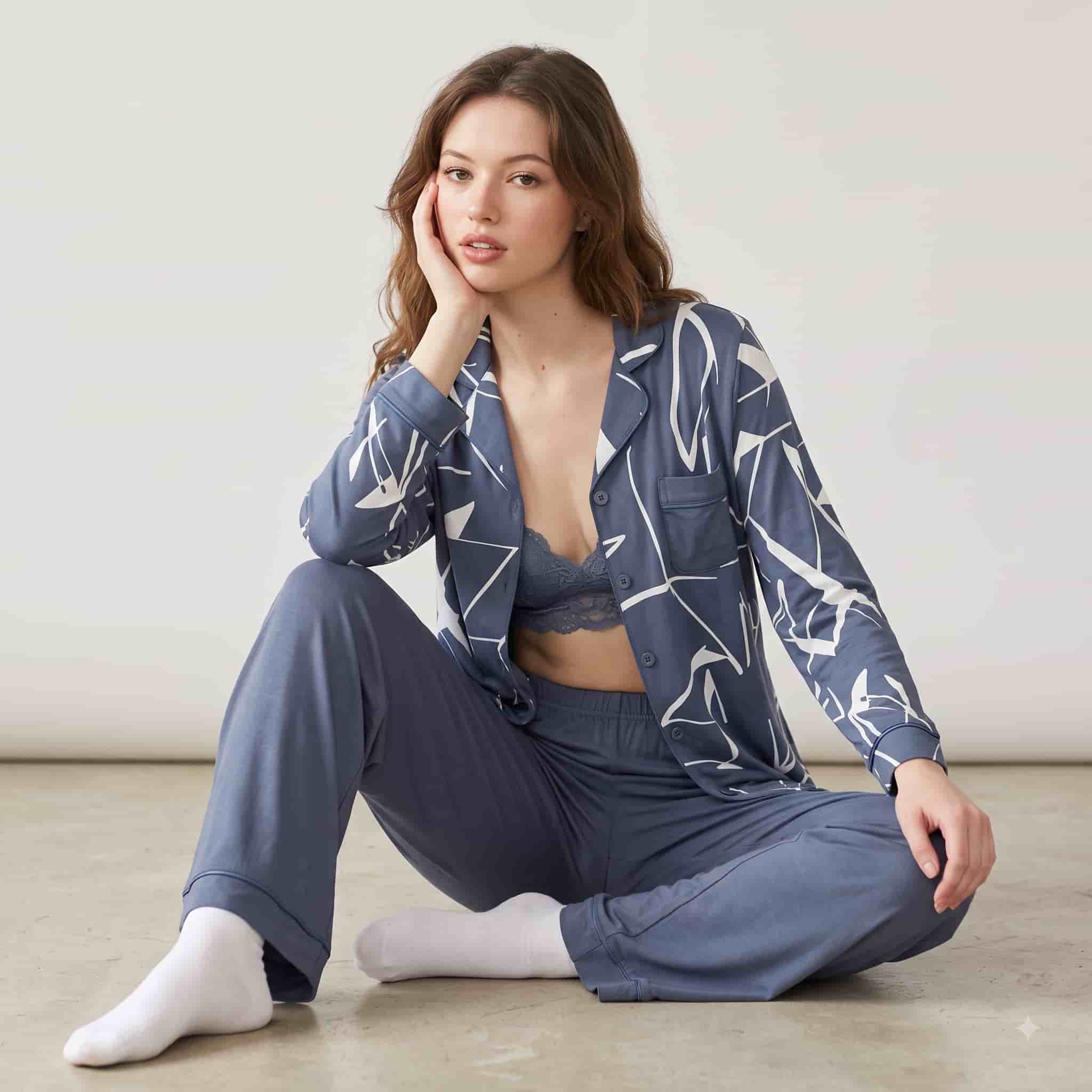 Abstract Slate Women Full Sleeves Pajama Set - Slate Blue