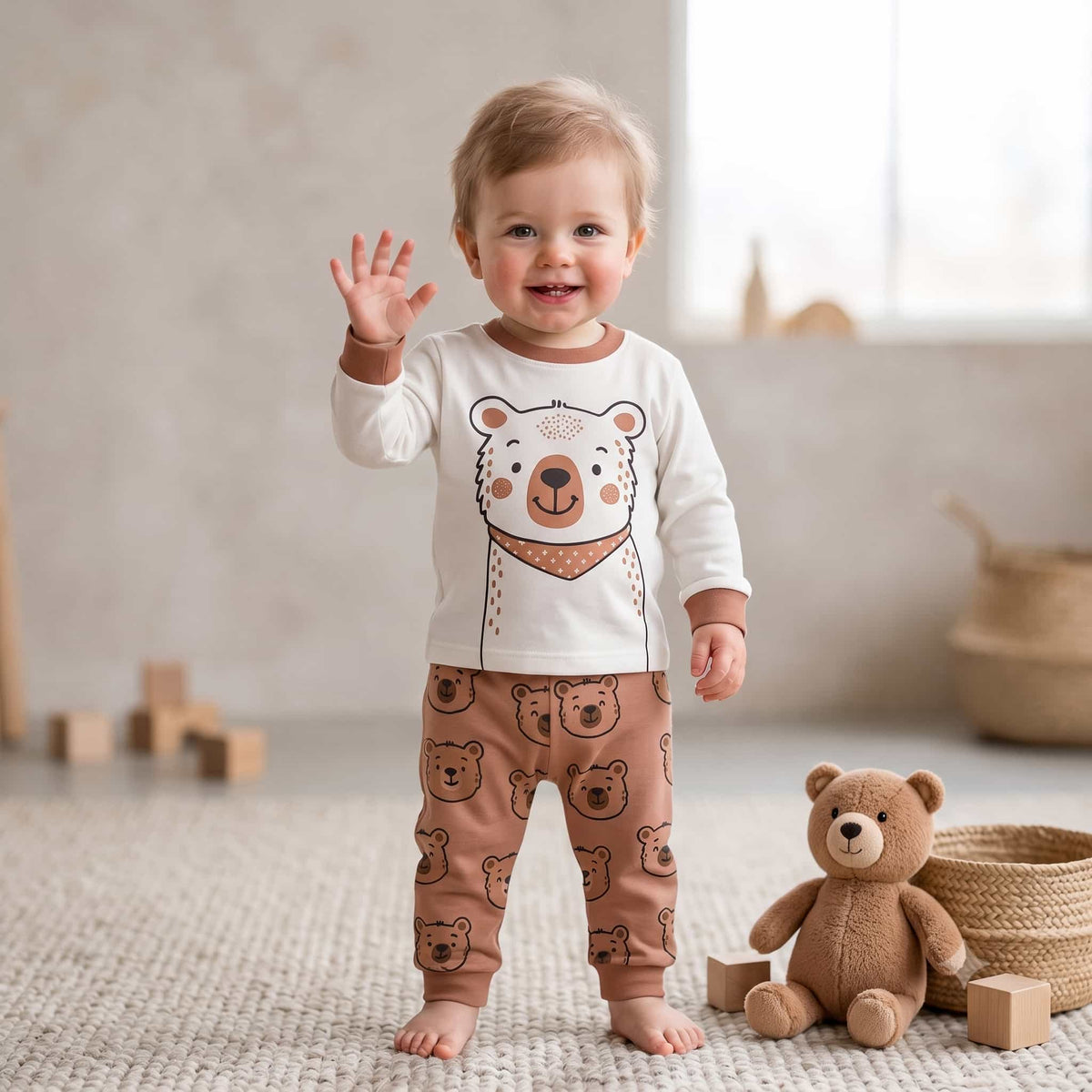 Cuddle Bear Baby Boys Full Sleeves Pajama Set – Cream