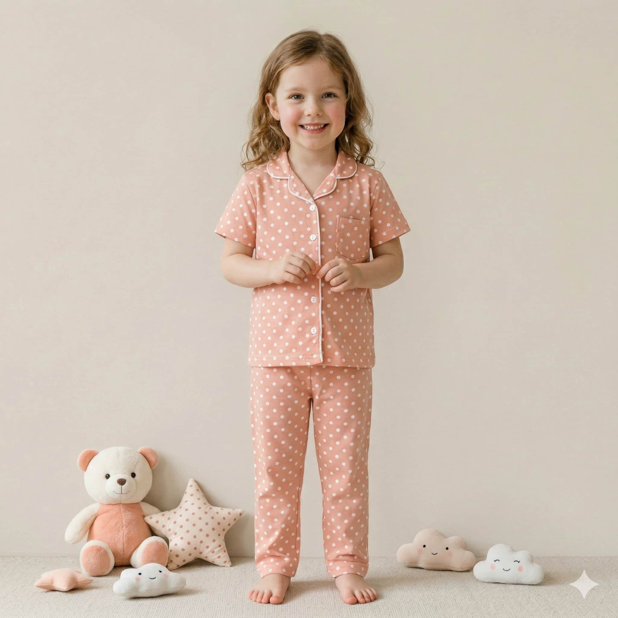 Dotted Girls Button Pajama Set - Peach