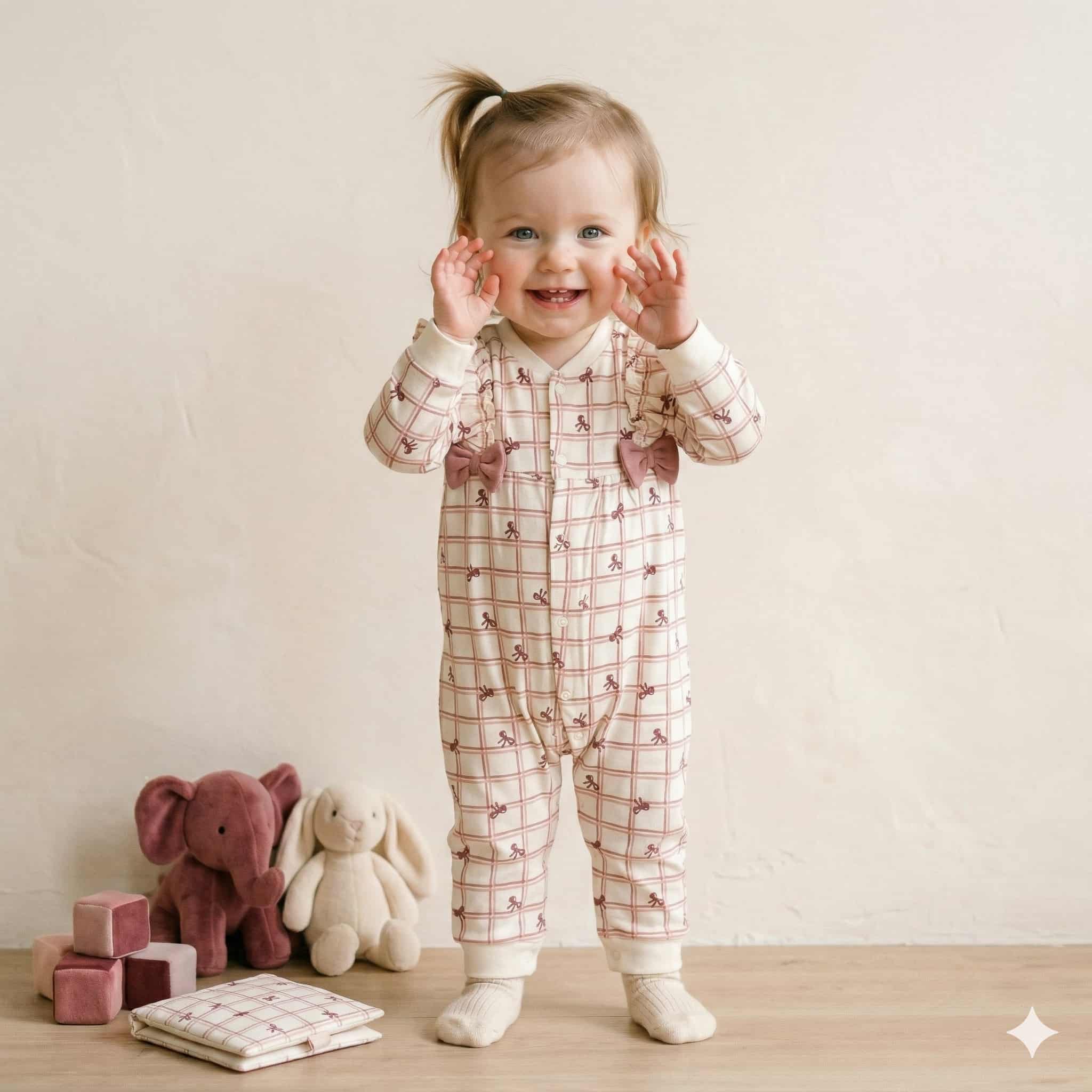 Checkered Ribbon Baby Girl Set - Rusty Brown
