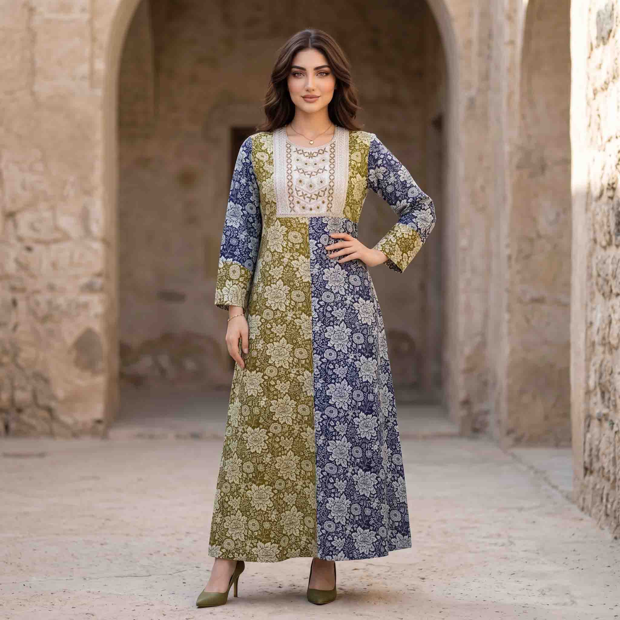 Rose Print Embroidered Neckline women Darra - Green & Navy Blue