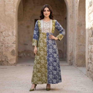 Rose Print Embroidered Neckline women Darra - Green & Navy Blue