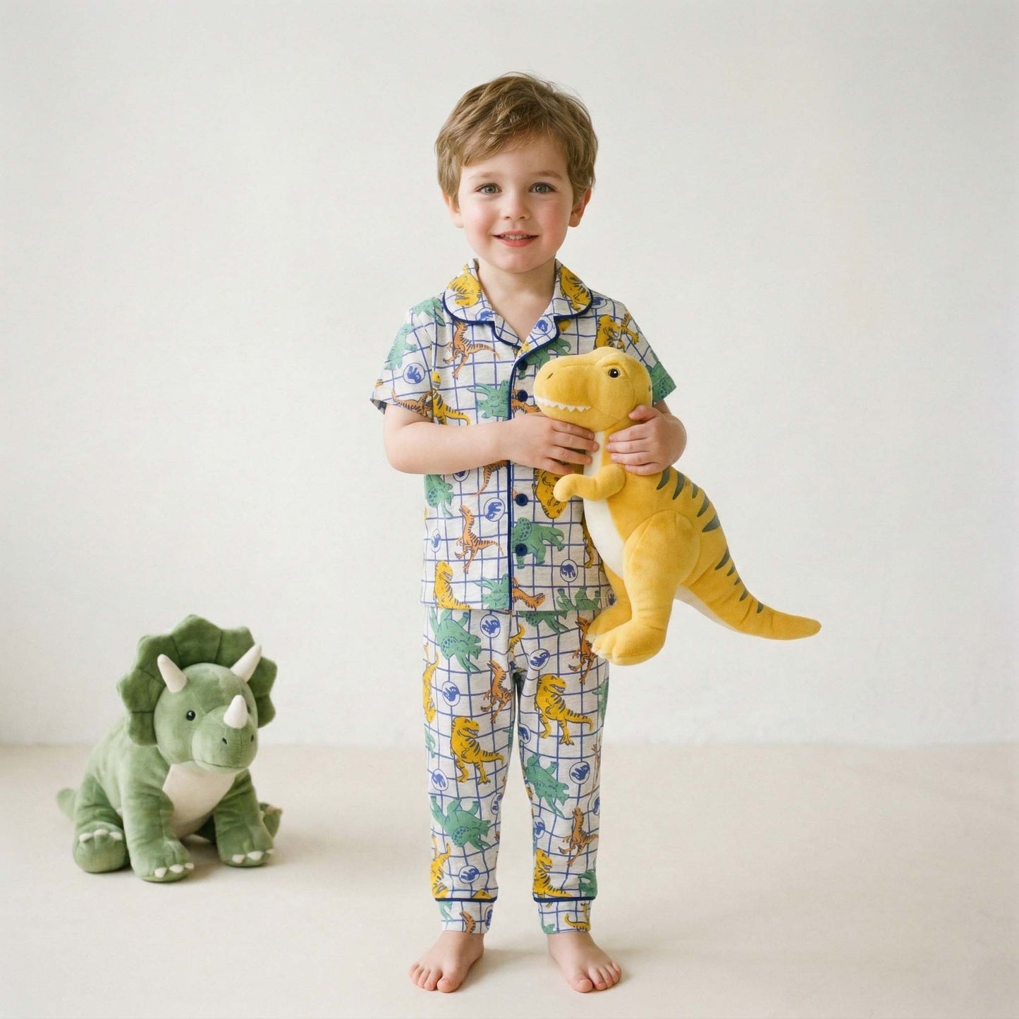 Dino Checkered Boys Button Up Pajama Set - Grey