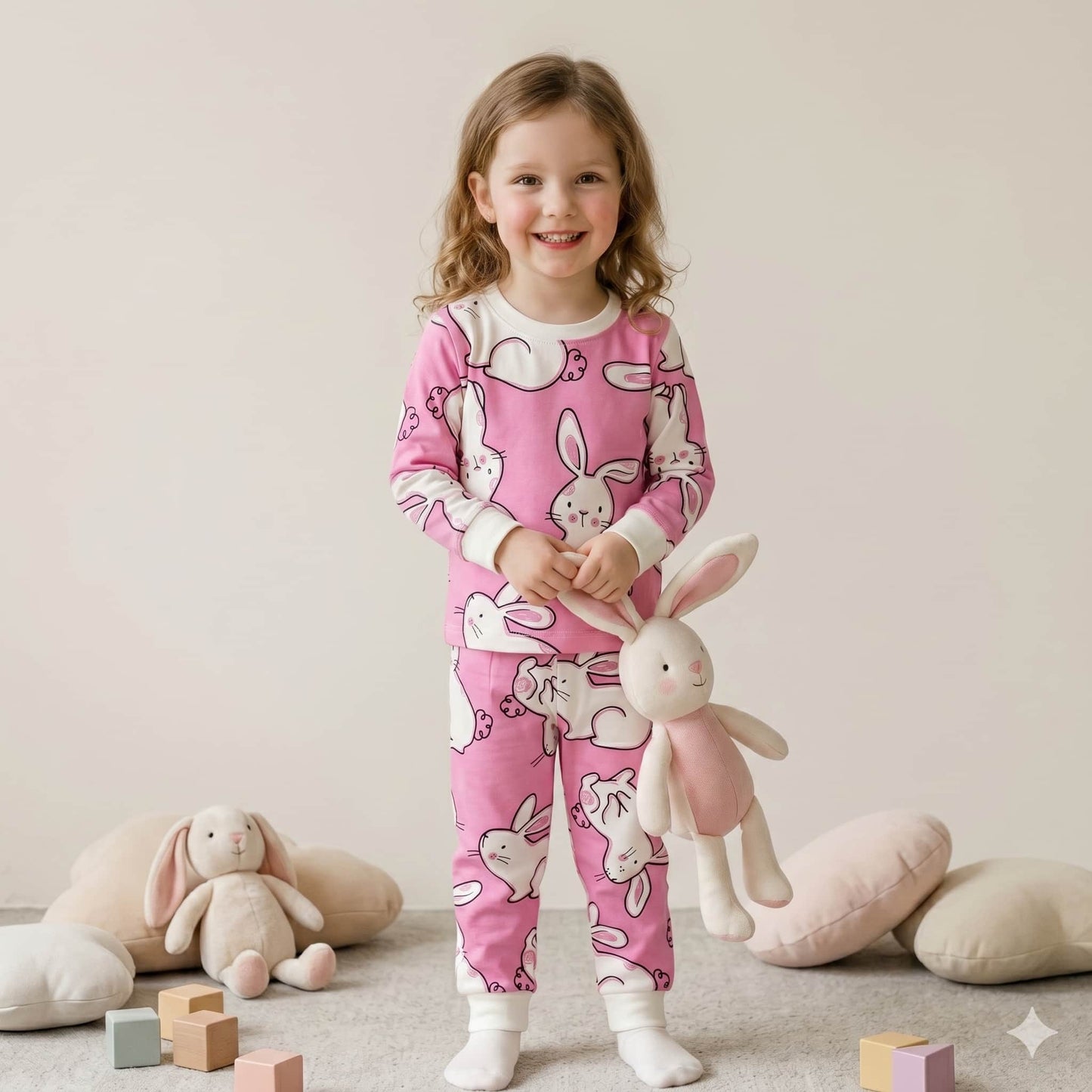 Bunny Blush Girls Full Sleeves Pajama Set - Pink