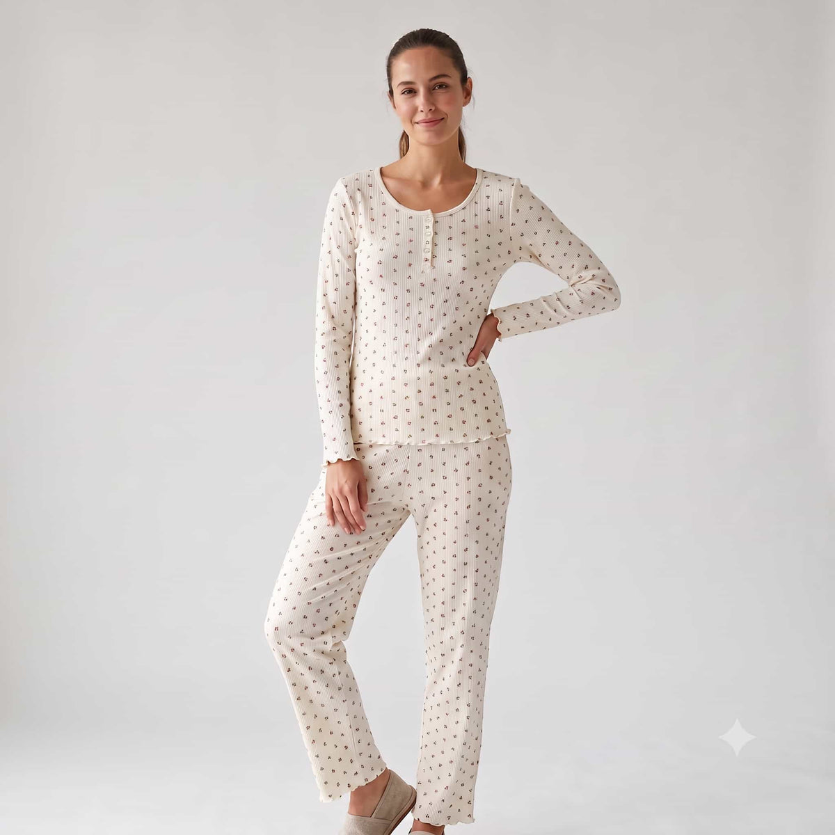 Lavender Meadow Women Full Sleeves Pajama Set – Ivory