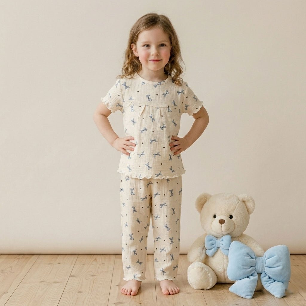 Bows & Heart Girls Short Sleeves Pajama Set - Cream