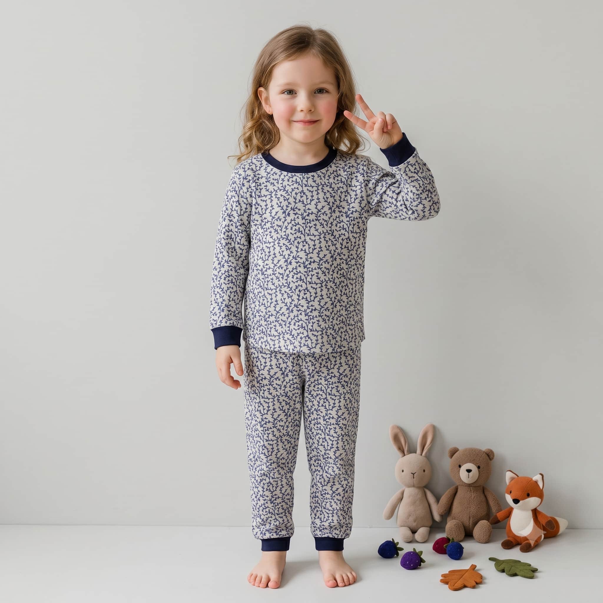 Winding Vines Girls Full Sleeves Pajama Set - Navy