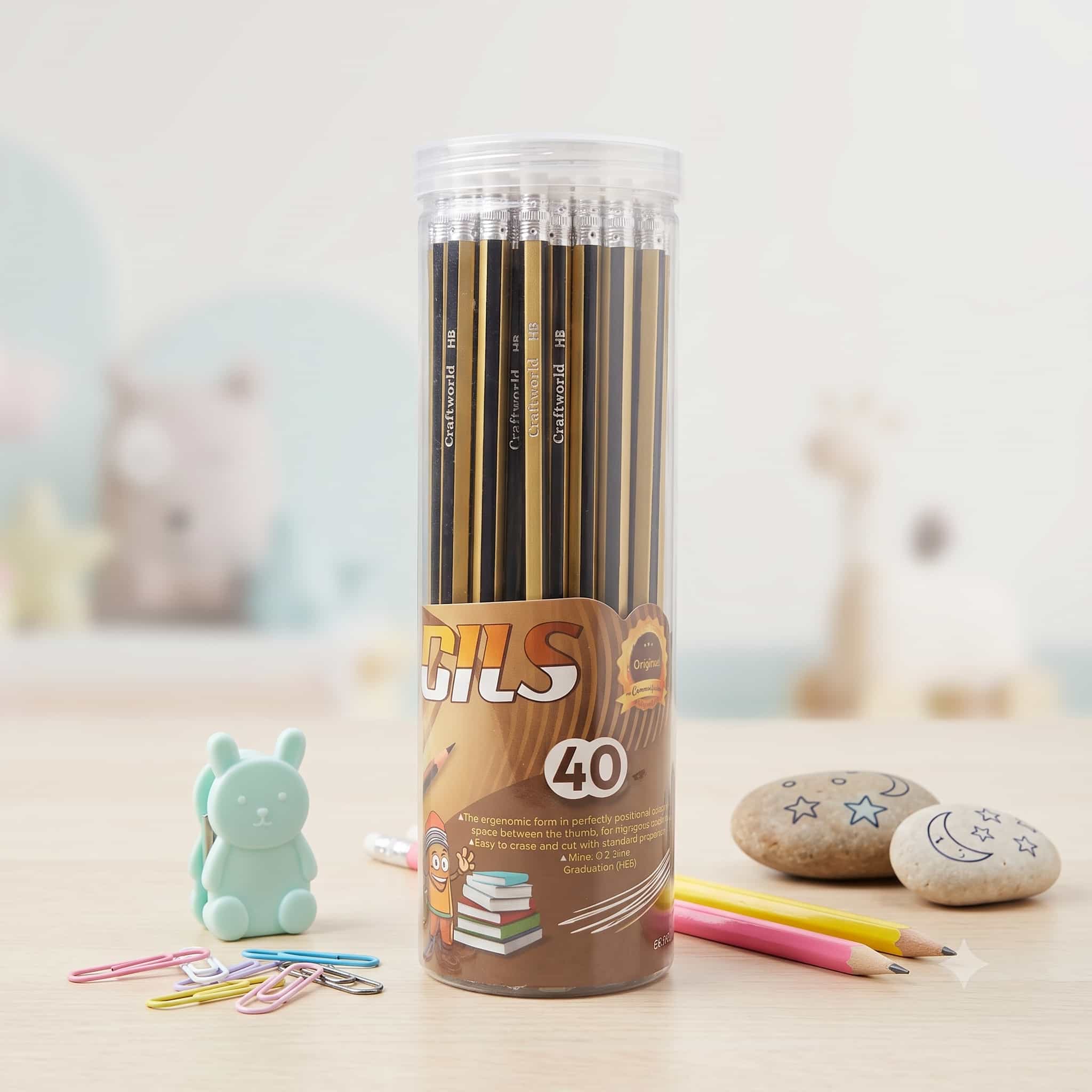 40 Craft World HB Pencils & Rubber - Golden