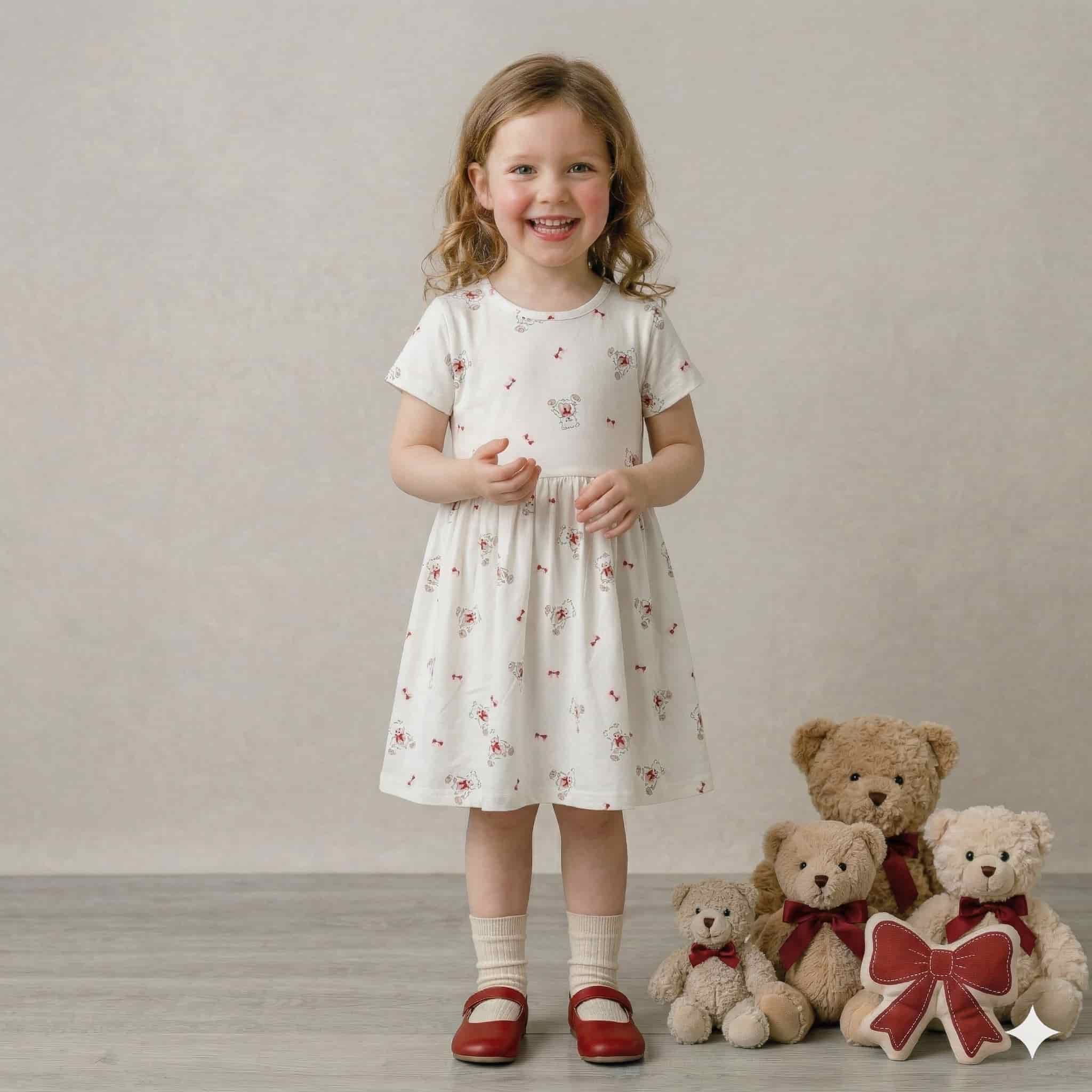 Teddy Bear Girl Frock - offwhite