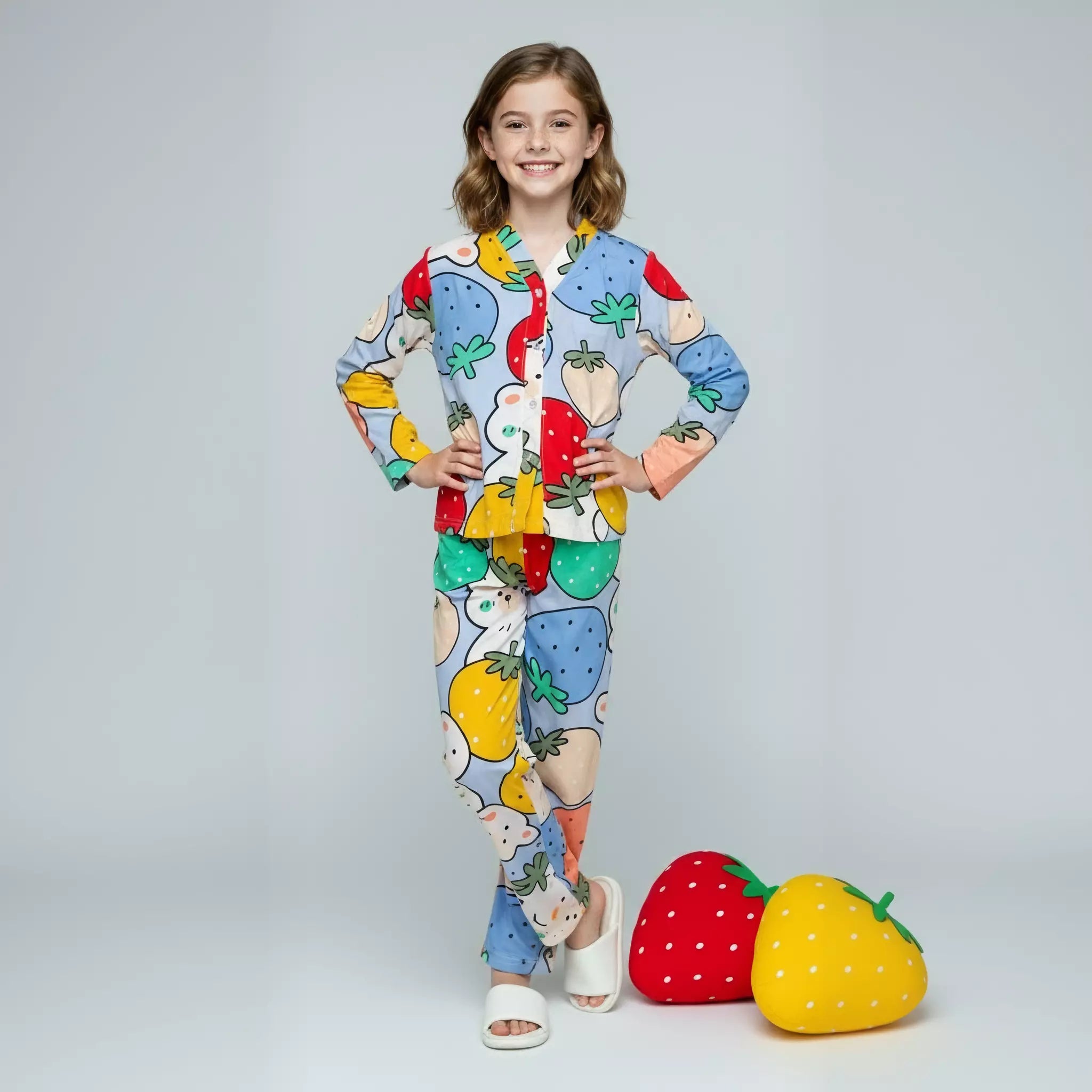 Strawberry Girls Woven Rayon Button Pajama Set - Blue