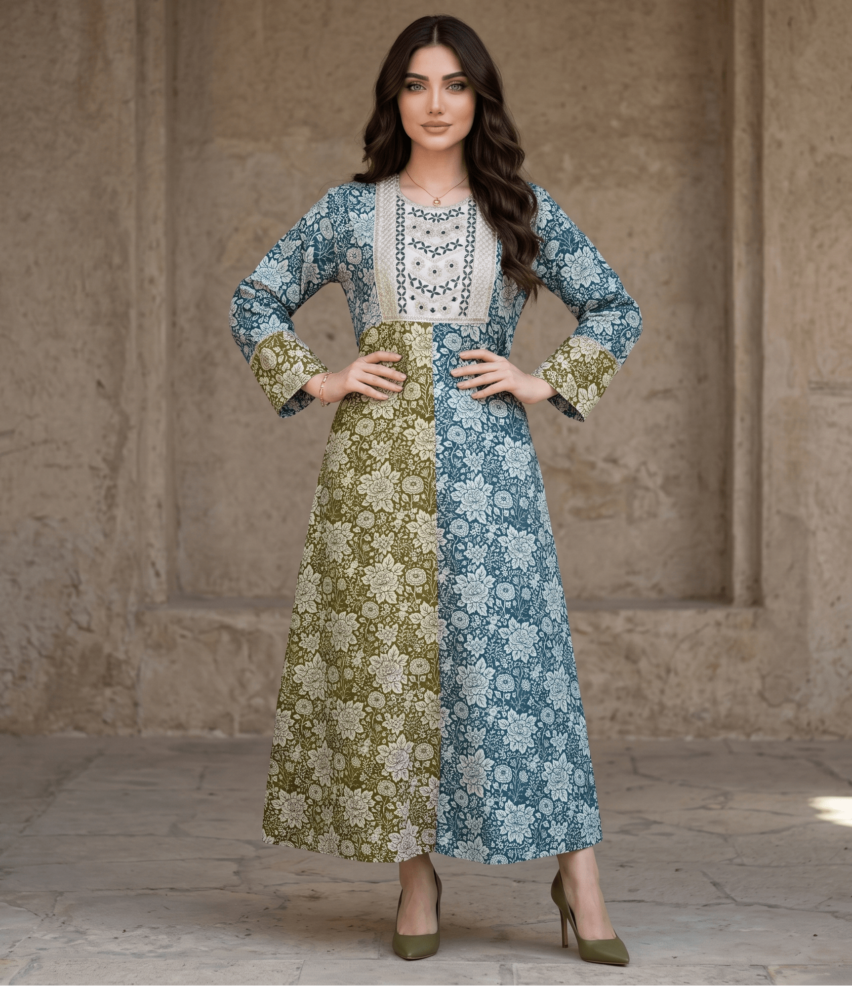 Bloom Floral Print Women Darra- Green & Blue
