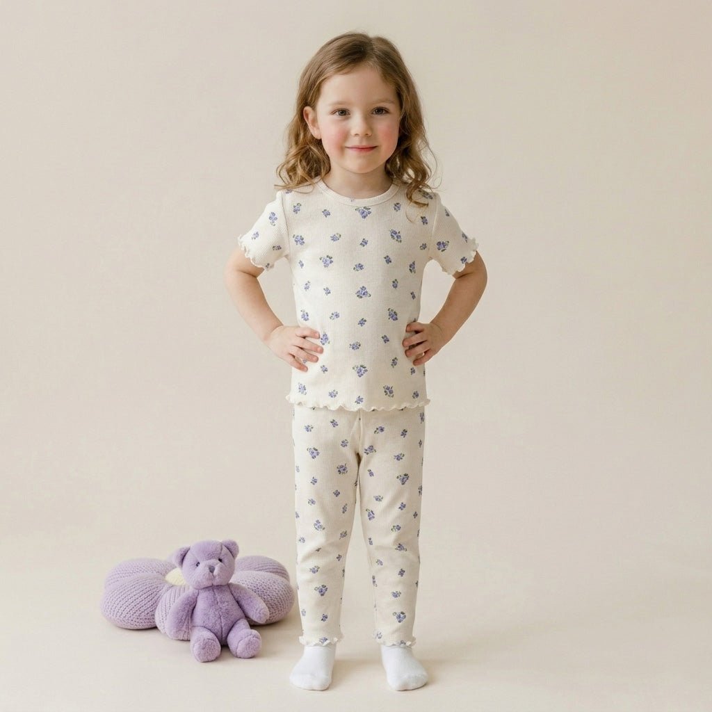 Blue Buds Bloom Girls Shorts Sleeves Pajama Set - Cream
