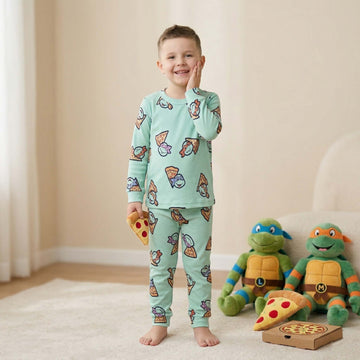 Pizza Party Boys Full Sleeves Pajama Set - Green