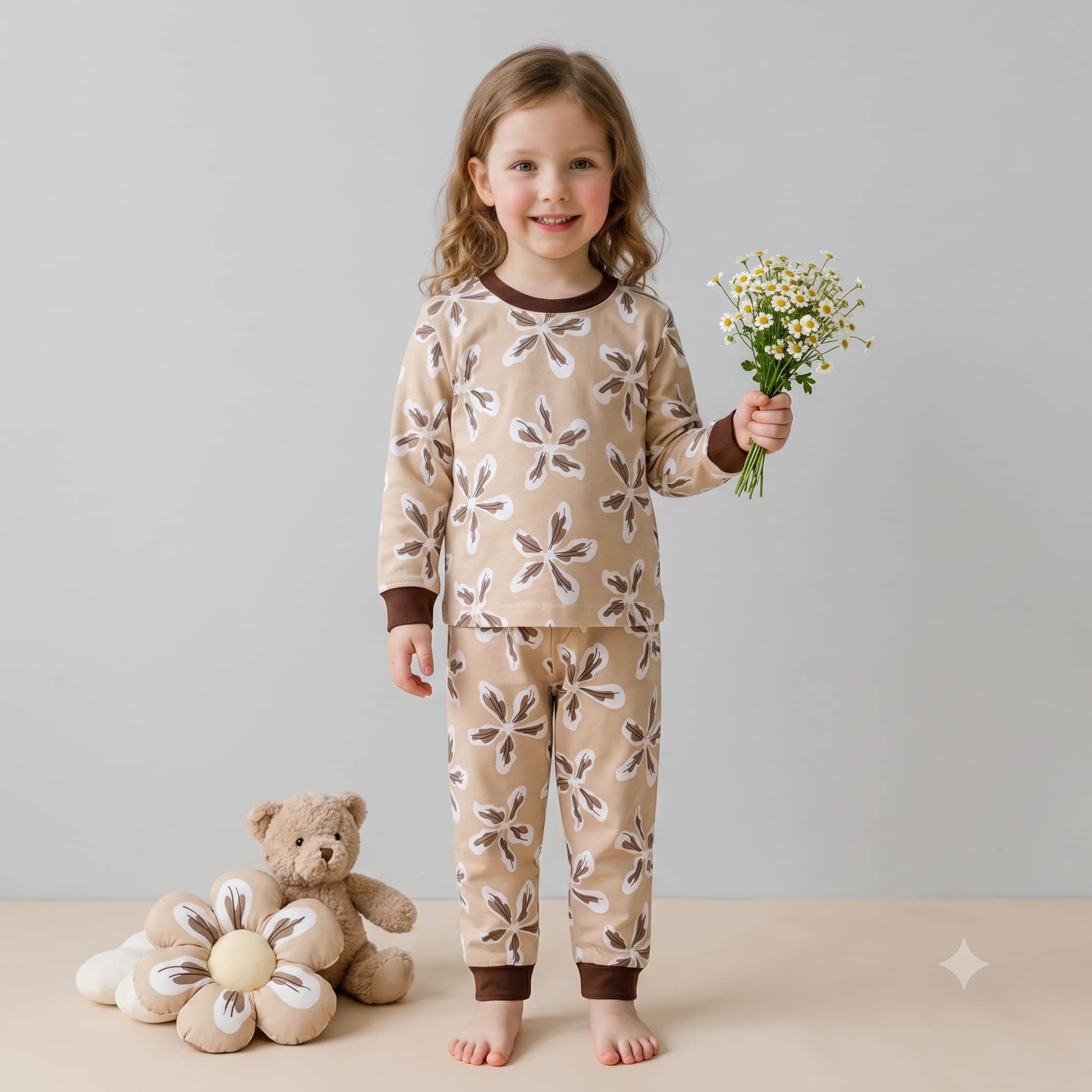 Petal Charm Girls Full Sleeves Pajama Set - Beige