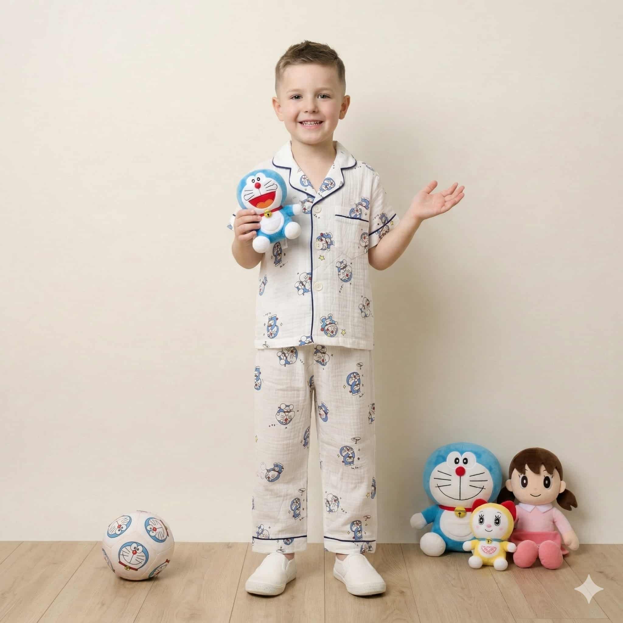 Doremon Boys Half Sleeves Pajama Set- White