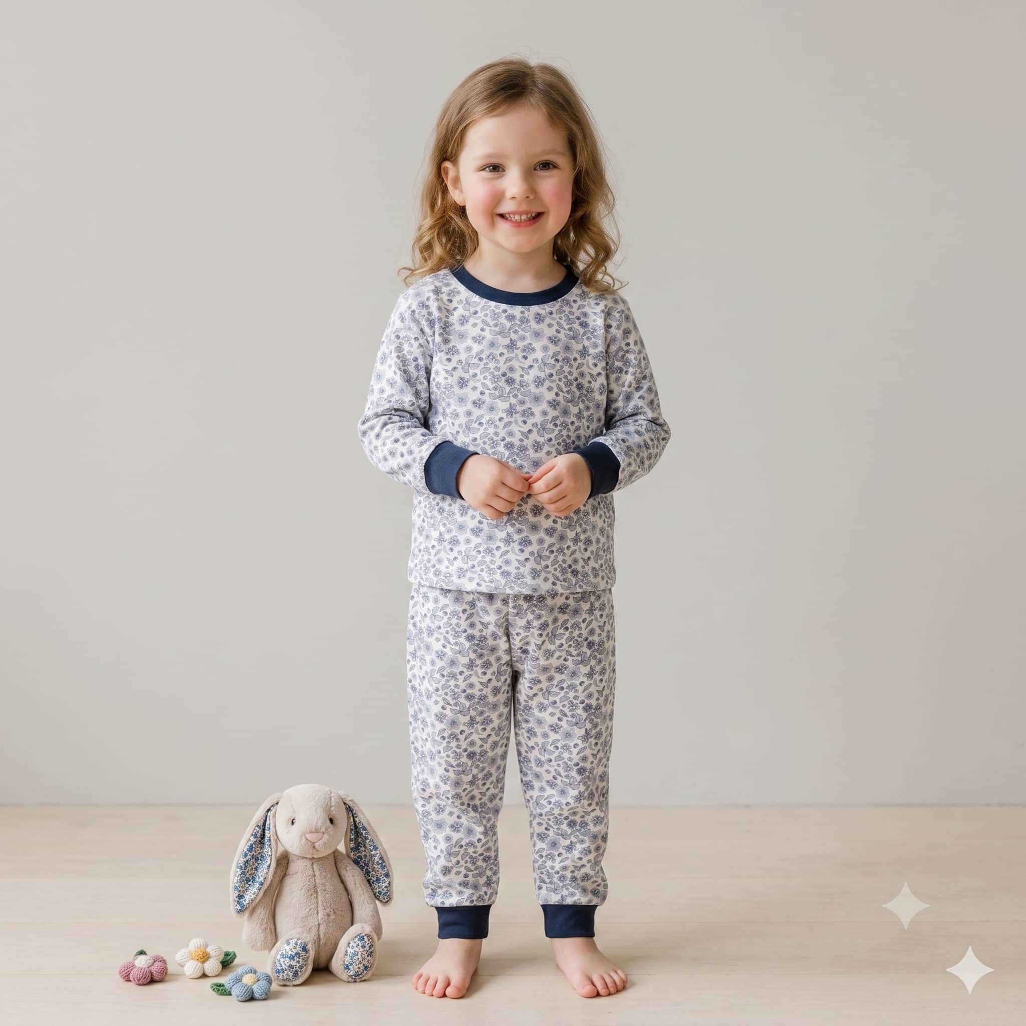 Midnight Blooms Girls Full Sleeves Pajama Set - White