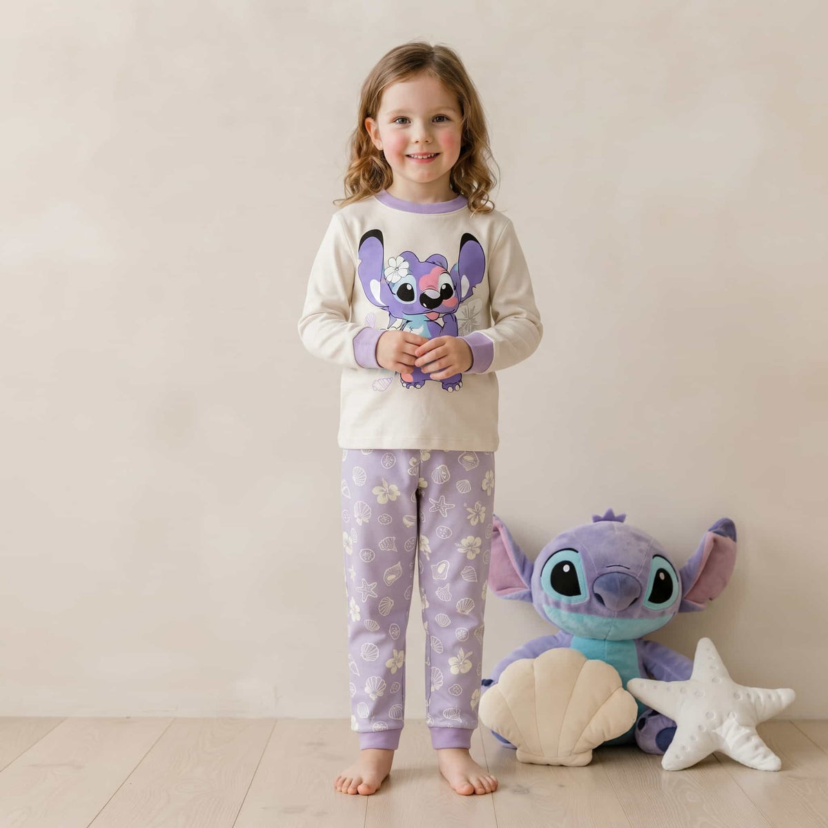 Stitch Girls Full Sleeves Pajama Set – Cream