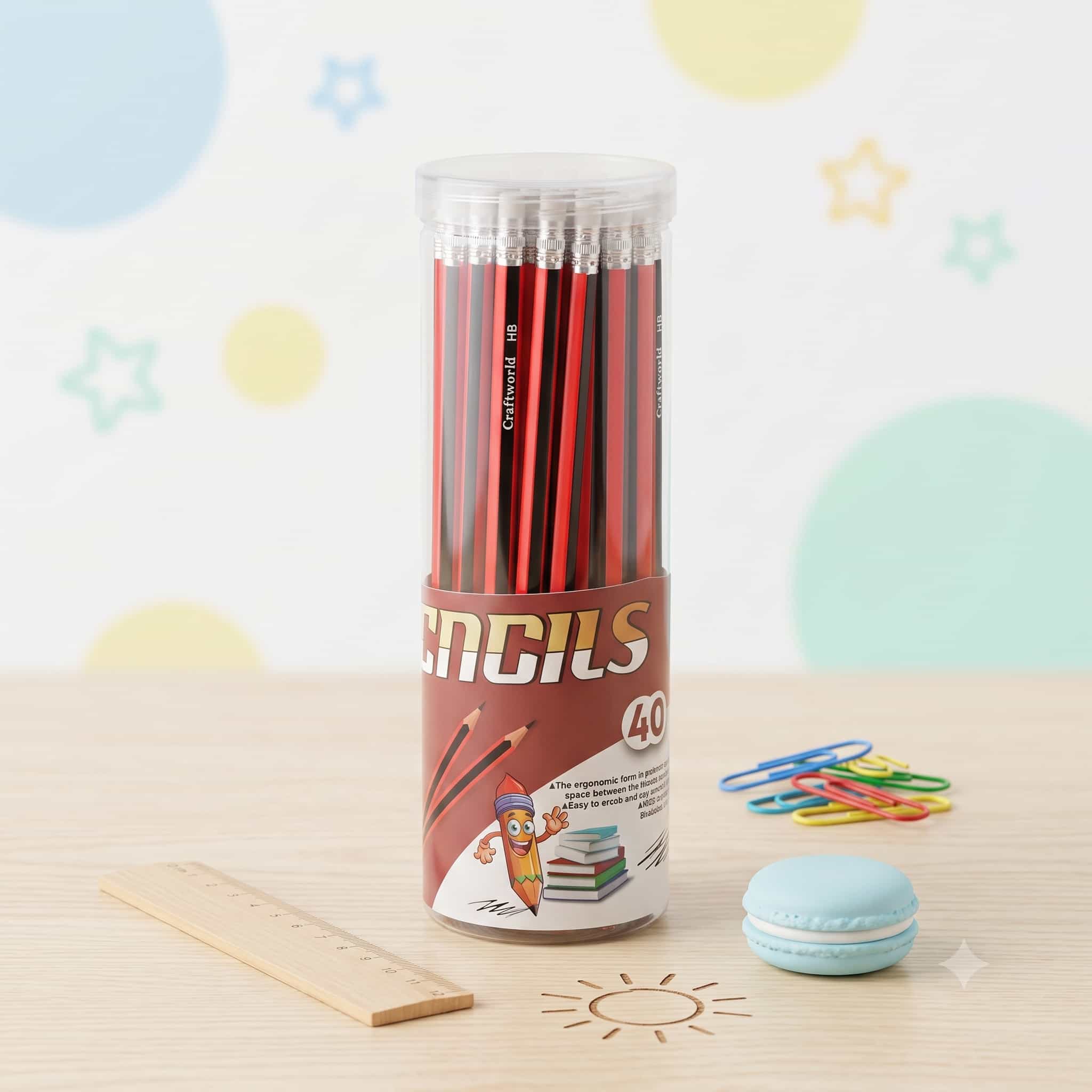 40 Craft World HB Pencils & Rubber - Red