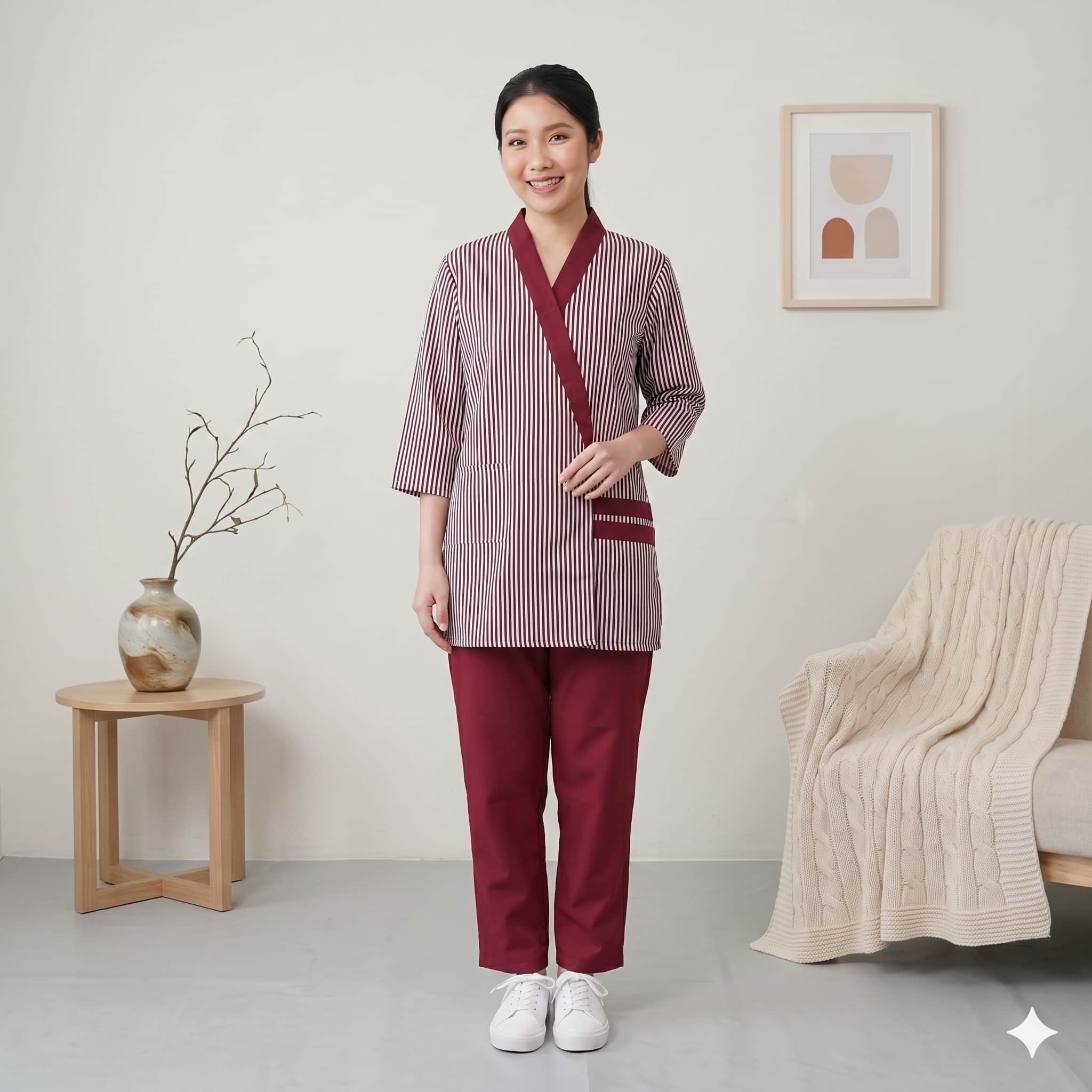 Burgundy Stripe Maid Women Uniform Set - Burgundy