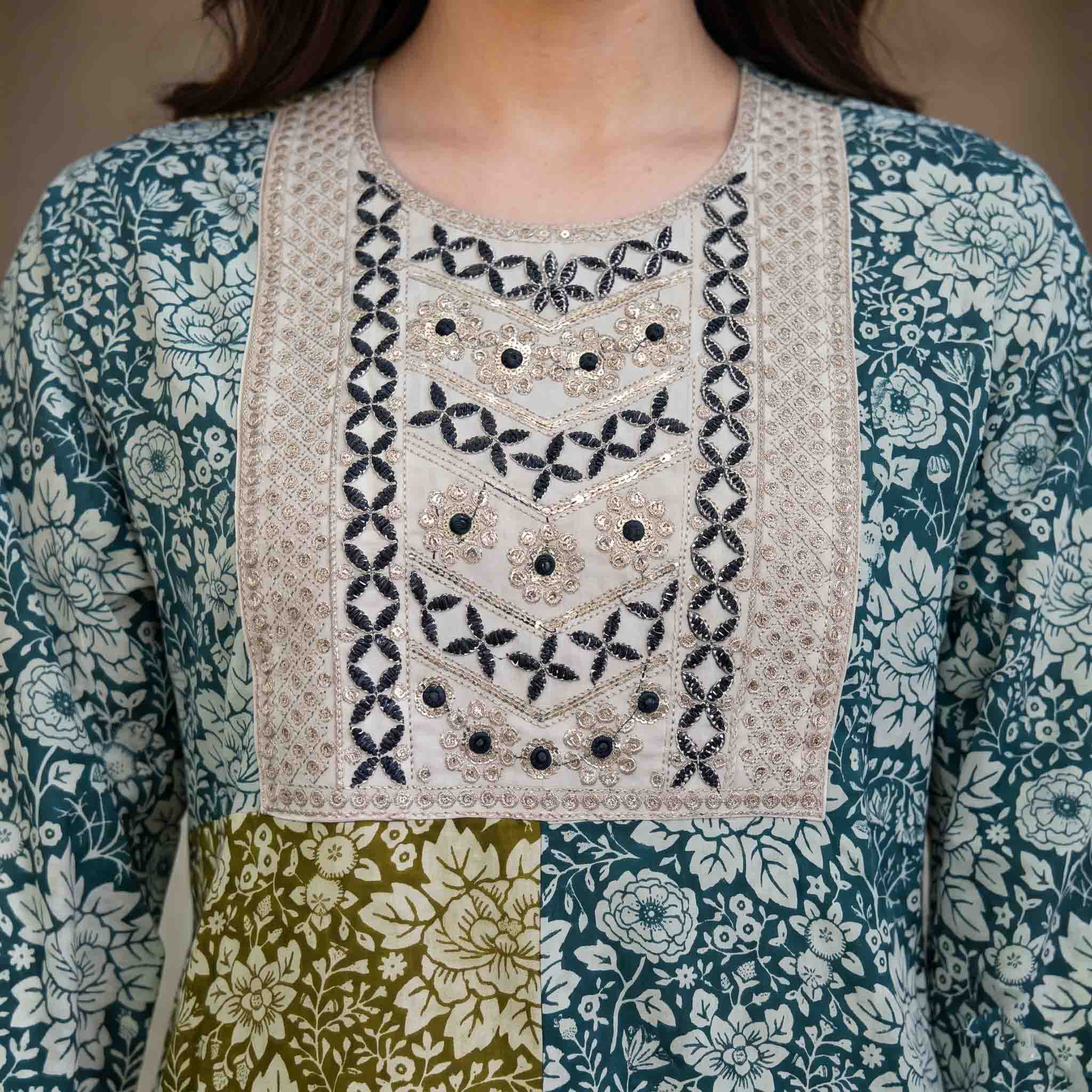 Bloom Floral Print With Embroidered Neck Women Darra- Green & Blue