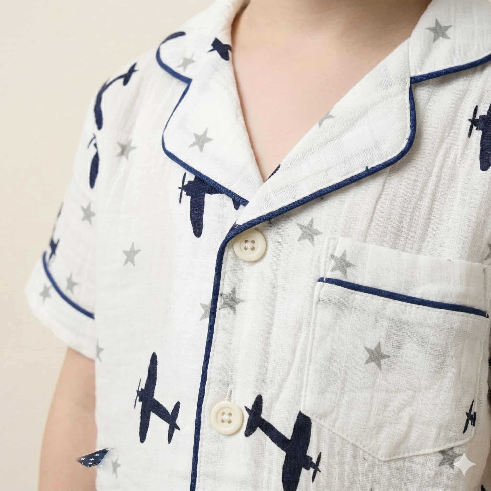 Airplane Boys Half Sleeves Pajama Set- White