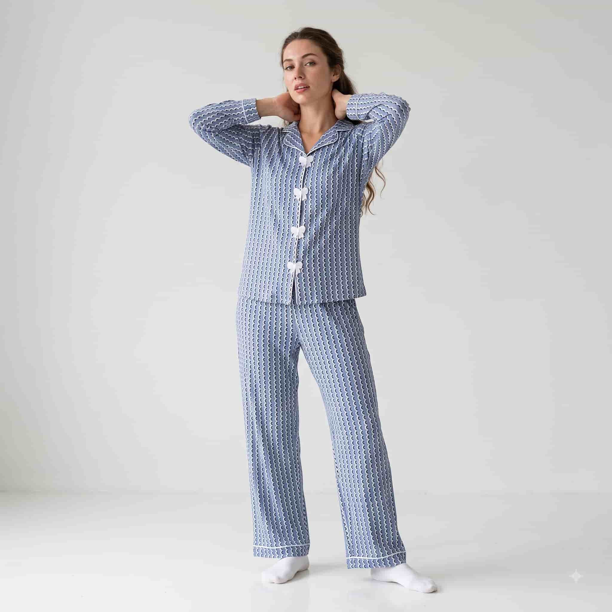 Crescent Charm Women Full Sleeves Pajama Set - Periwinkle Blue