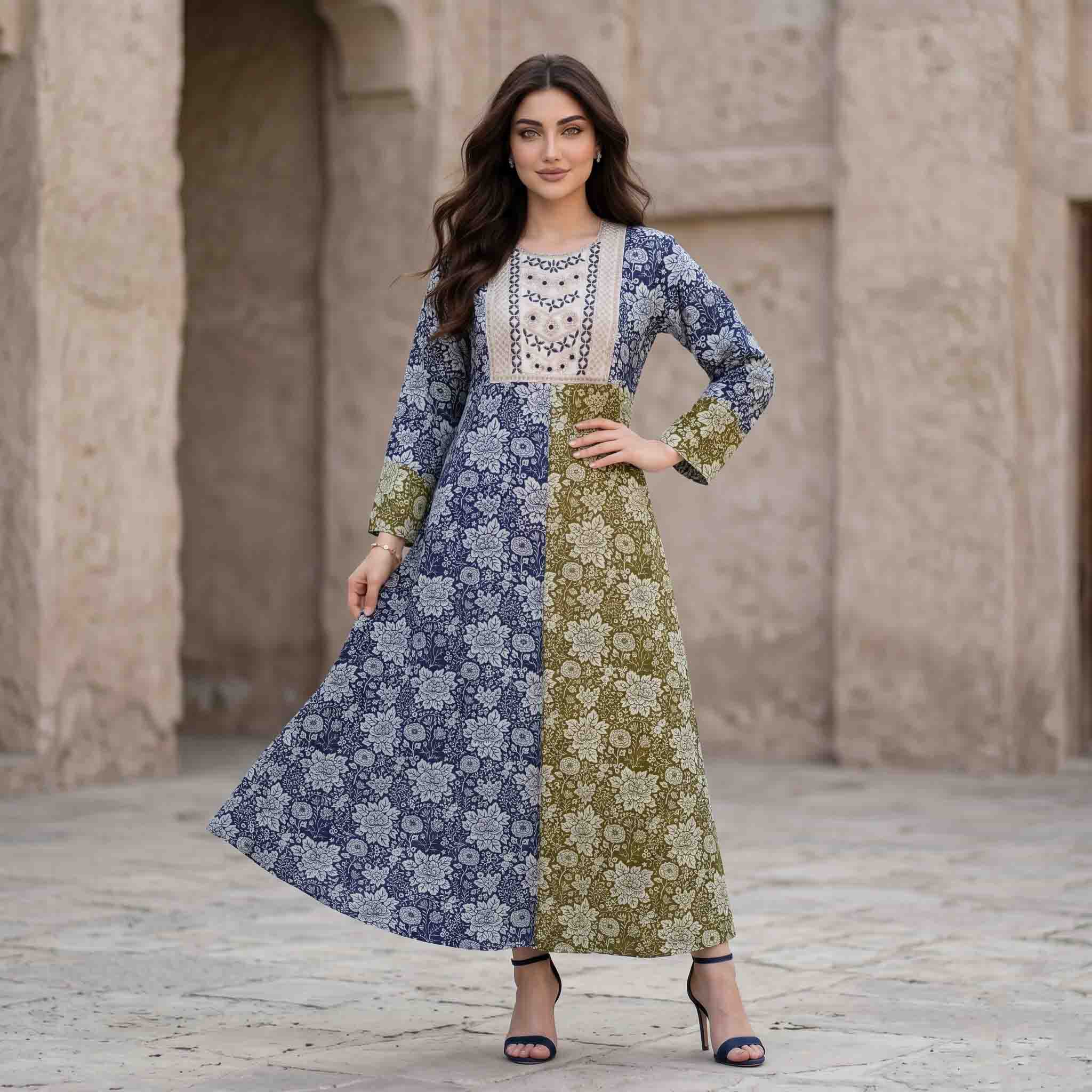Bloom Floral Print Women Darra - Blue & Green