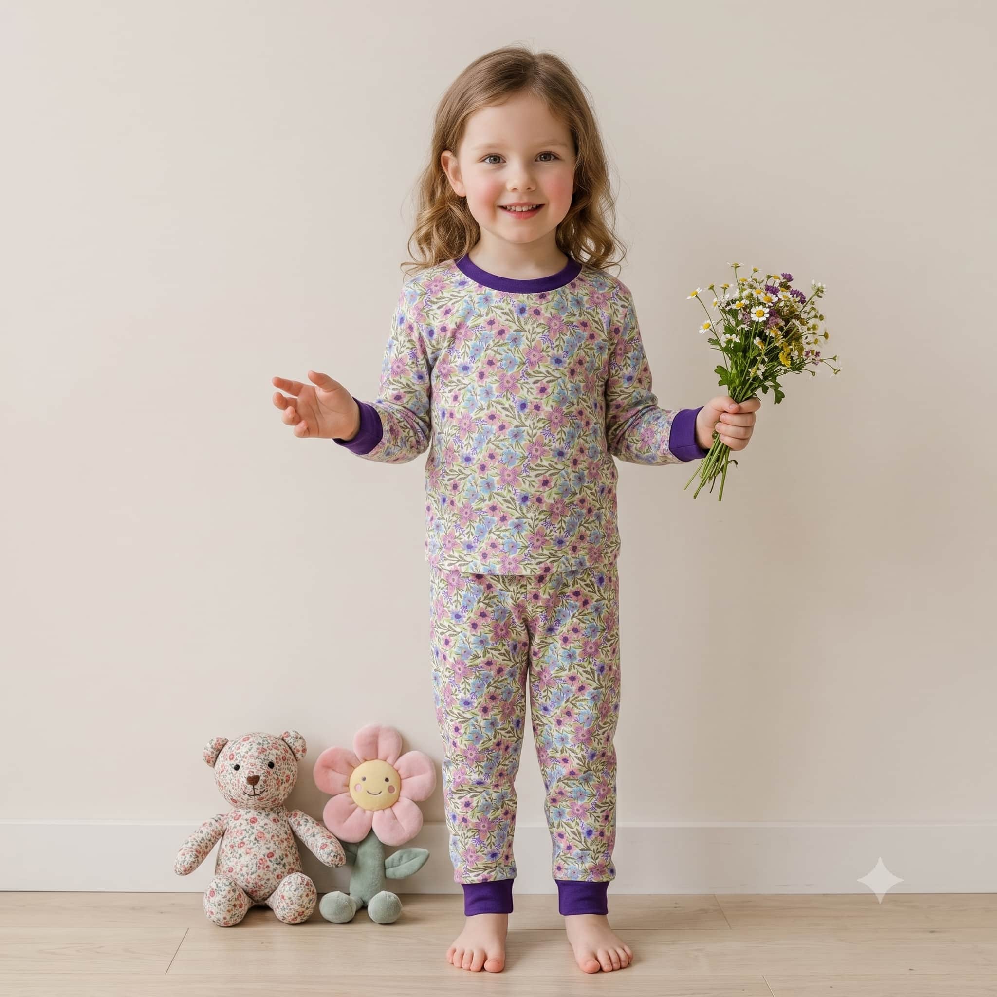 Lilac Garden Girls Full Sleeves Pajama Set - Purple