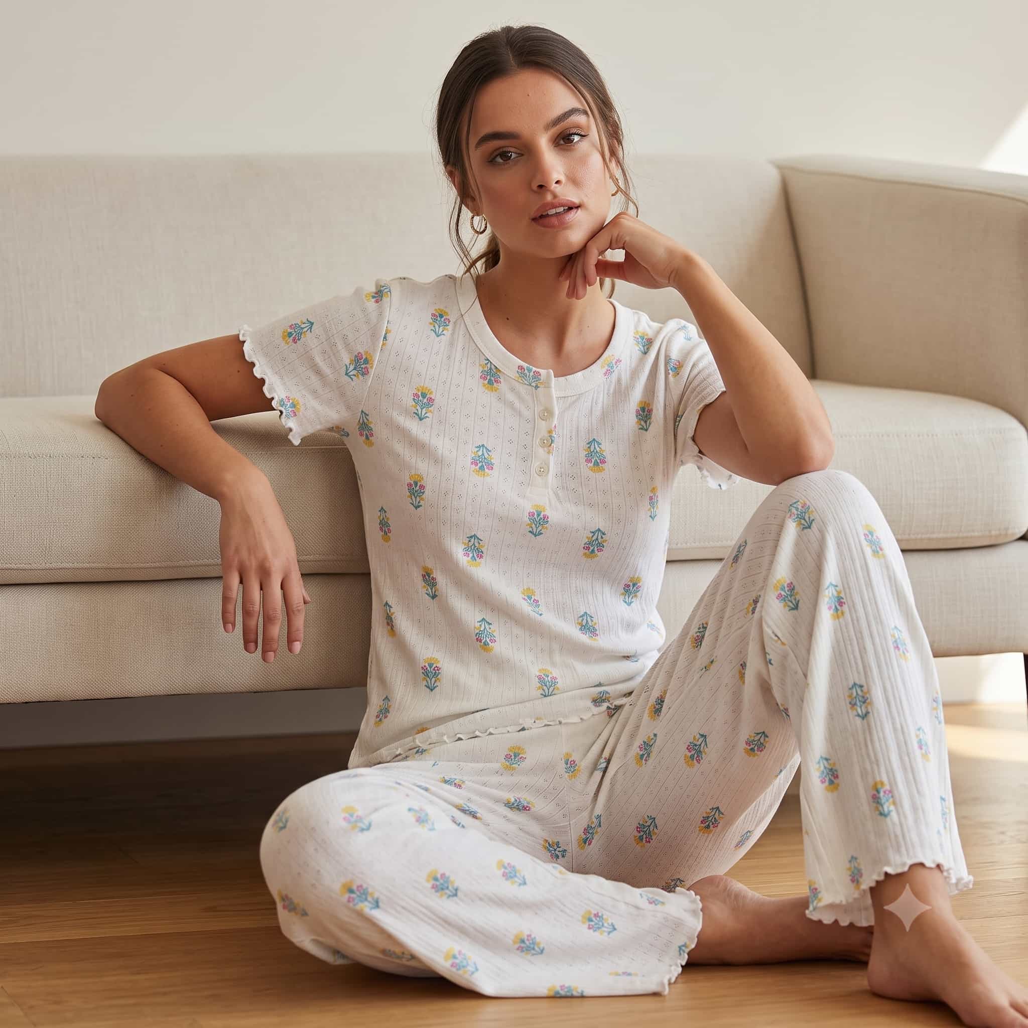 Bloom Haven Women Half Sleeves Pajama Set – White