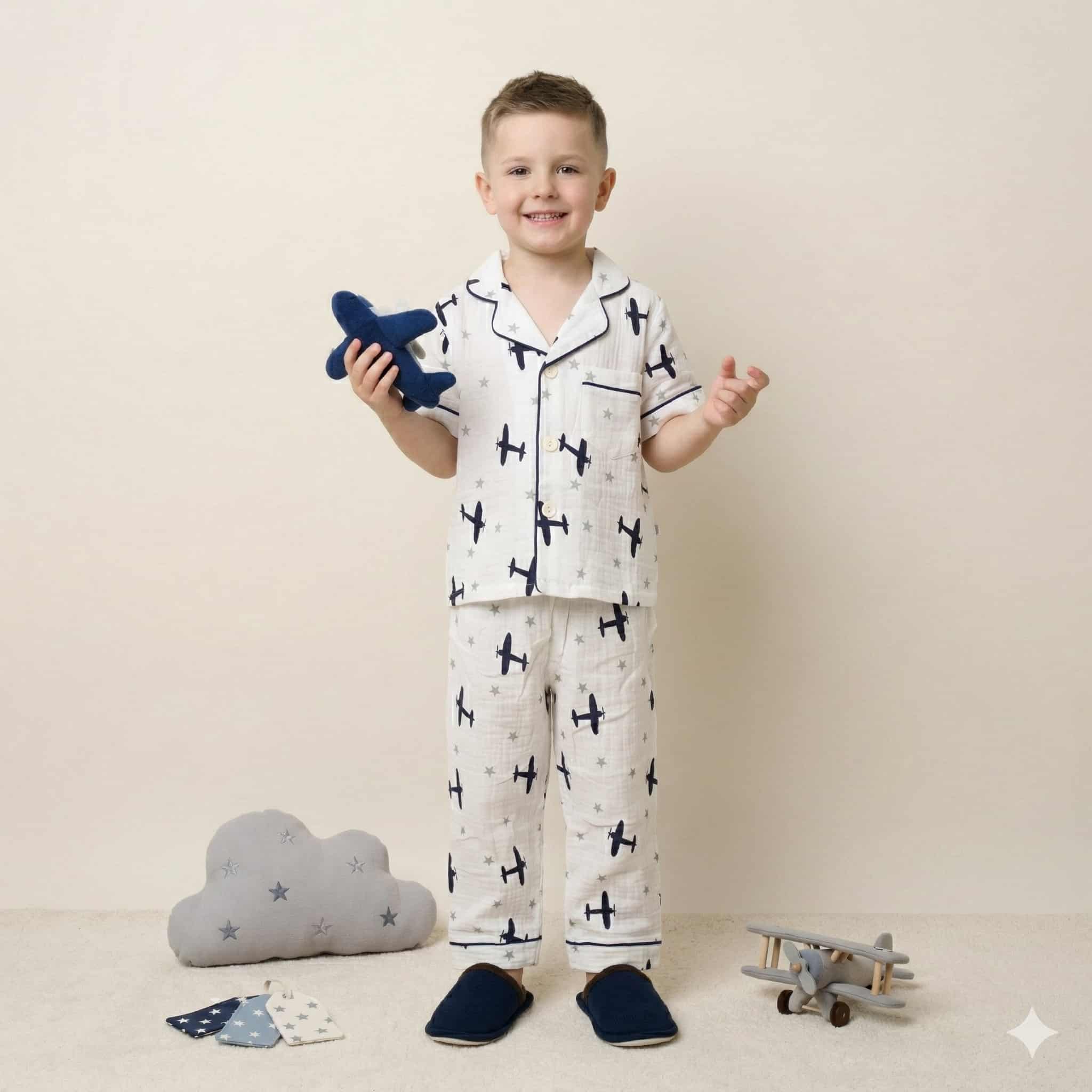 Airplane Boys Half Sleeves Pajama Set- White