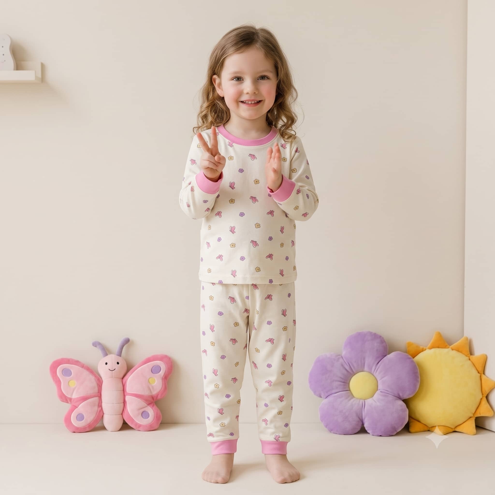 Flutter Bloom Girls Full Sleeves Pajama Set - Cream
