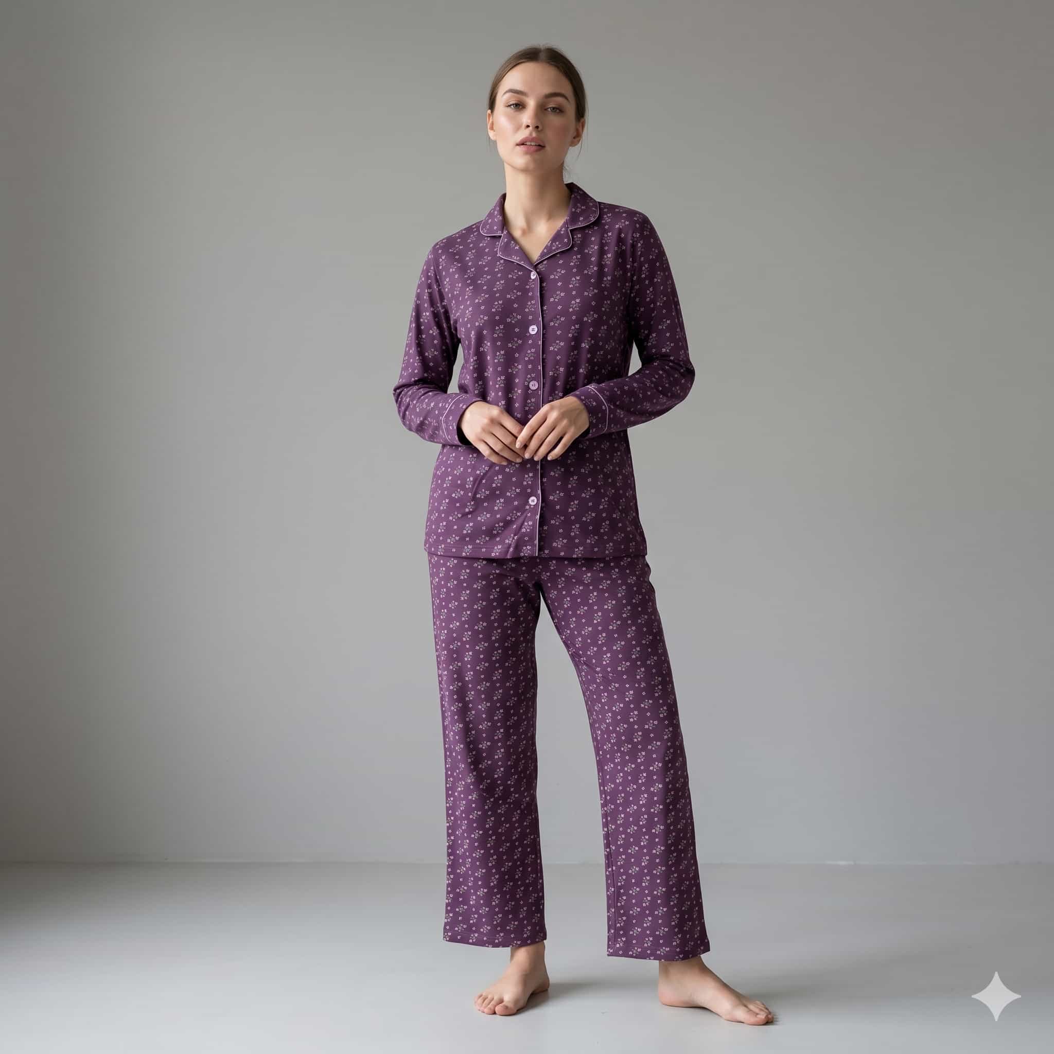 Twilight Flora Women Full Sleeves Pajama Set - Deep Purple