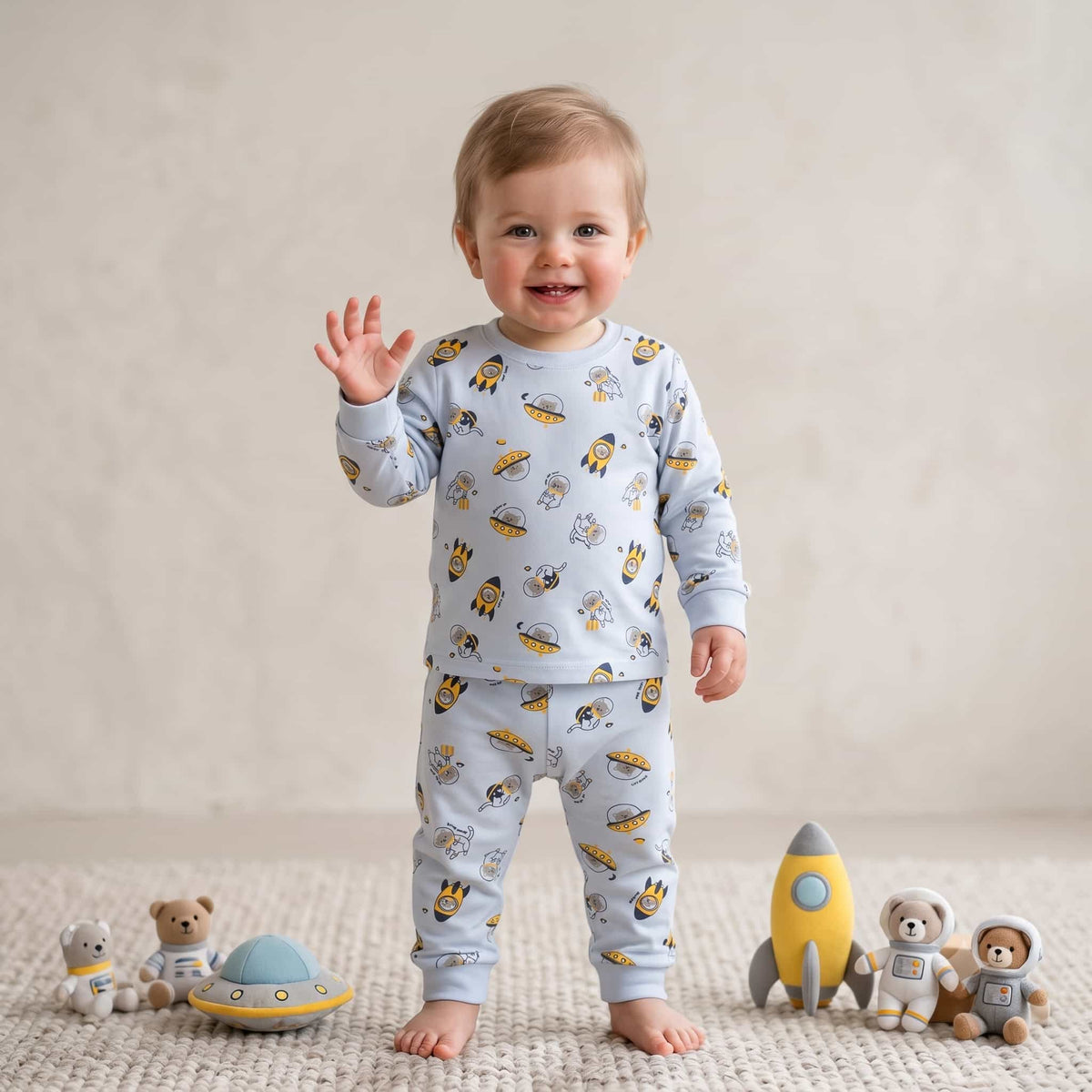 Space Buddies Baby Boys Full Sleeves Pajama Set – Light Blue