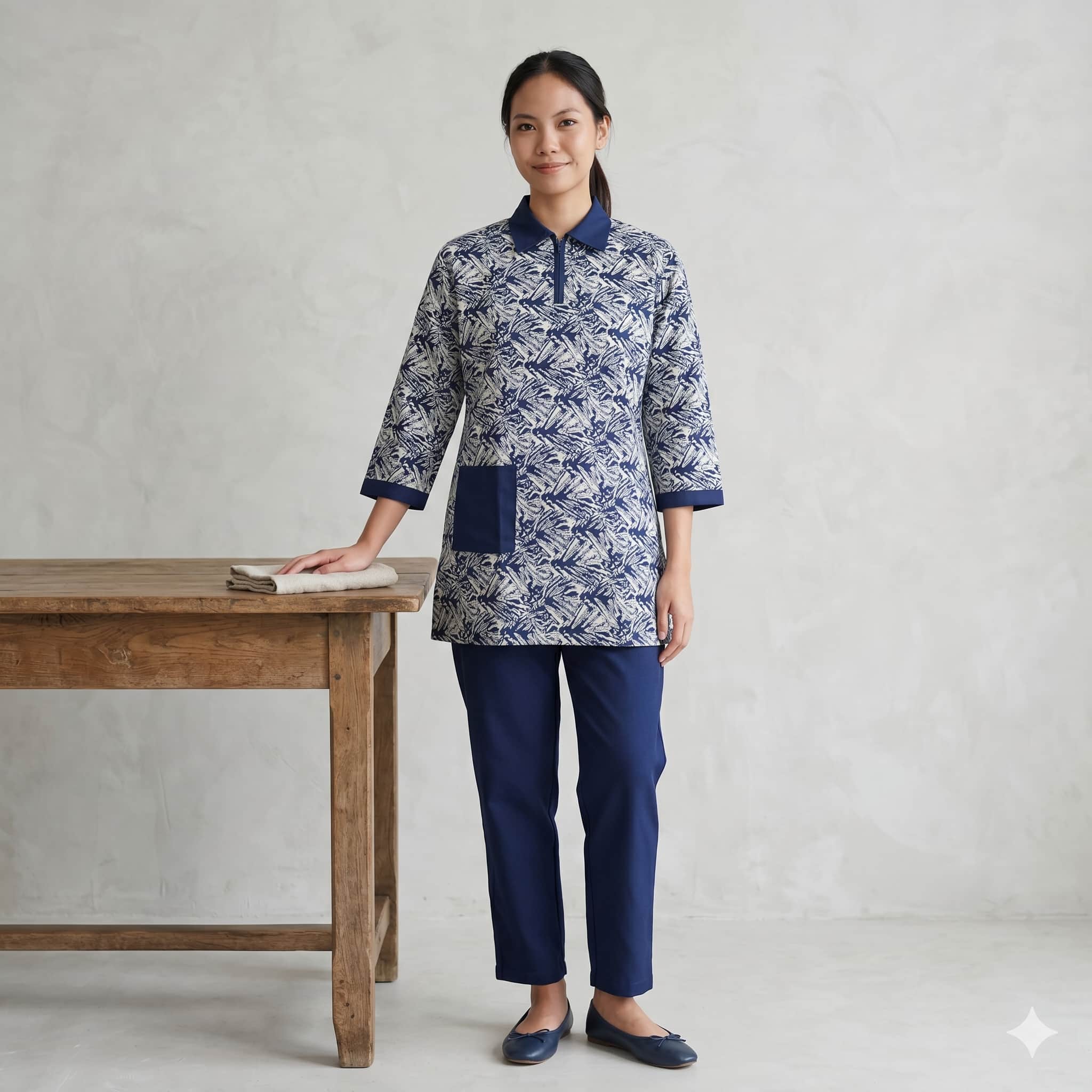 Abstract Wave Maid Women Uniform - Navy