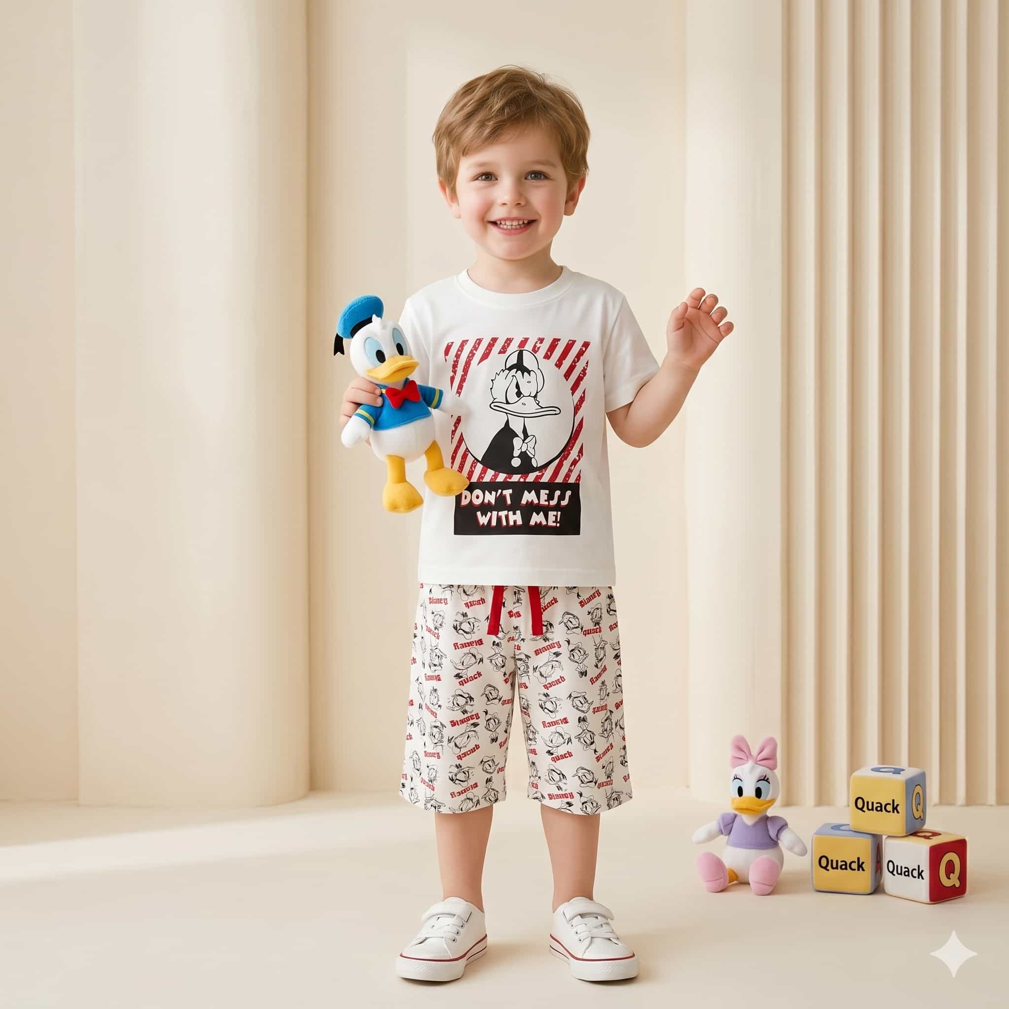 Duck Attitude Boys Half Sleeves Short Set - White