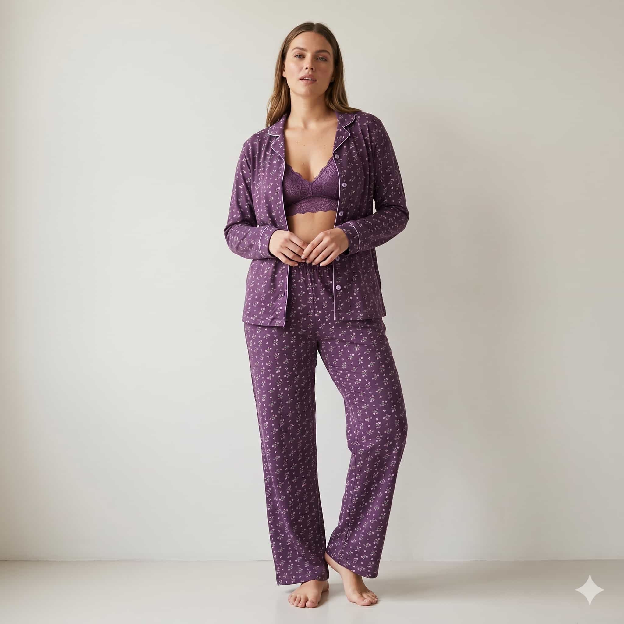 Twilight Flora Women Full Sleeves Pajama Set - Deep Purple