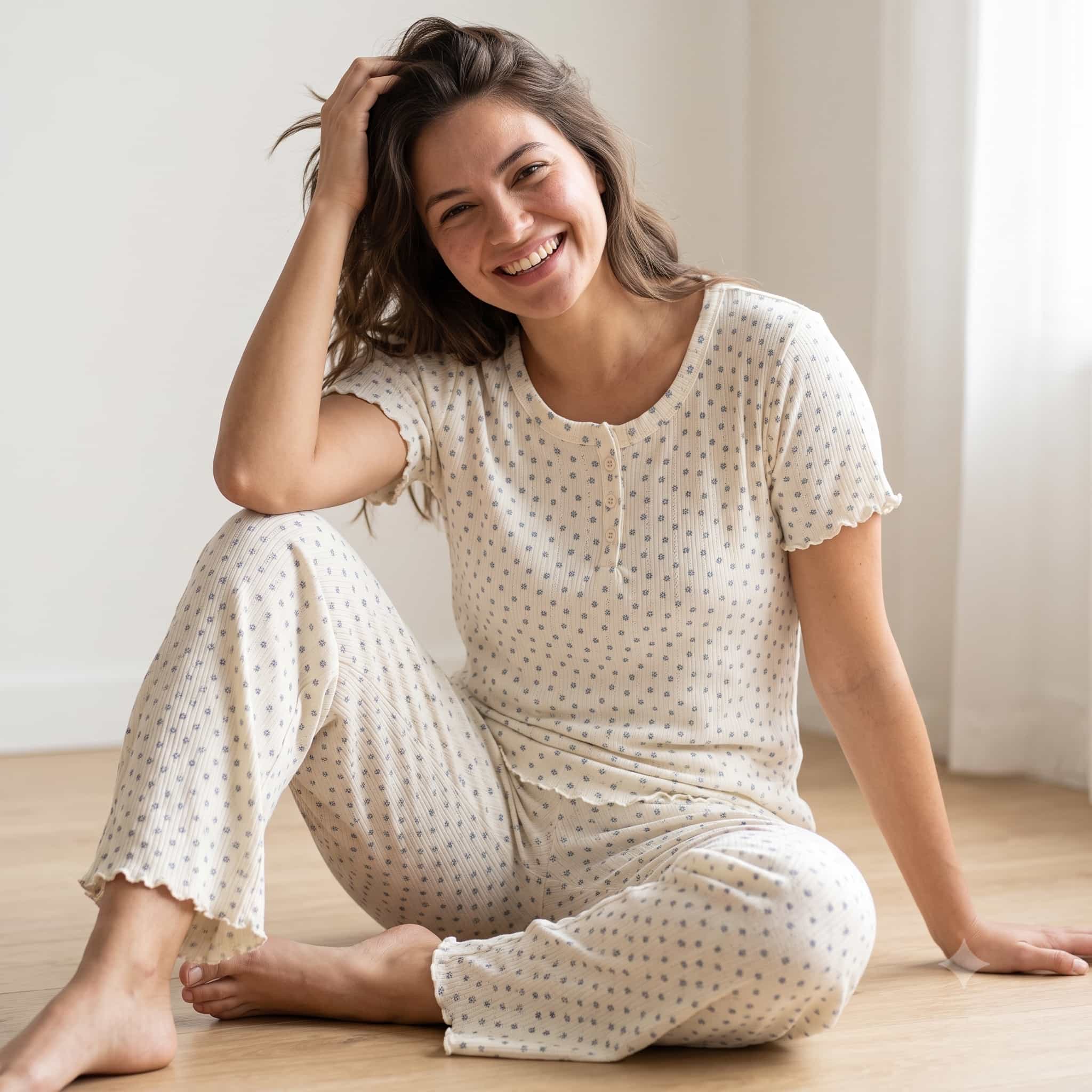 Blue Petals Women Half Sleeves Pajama Set – Ivory