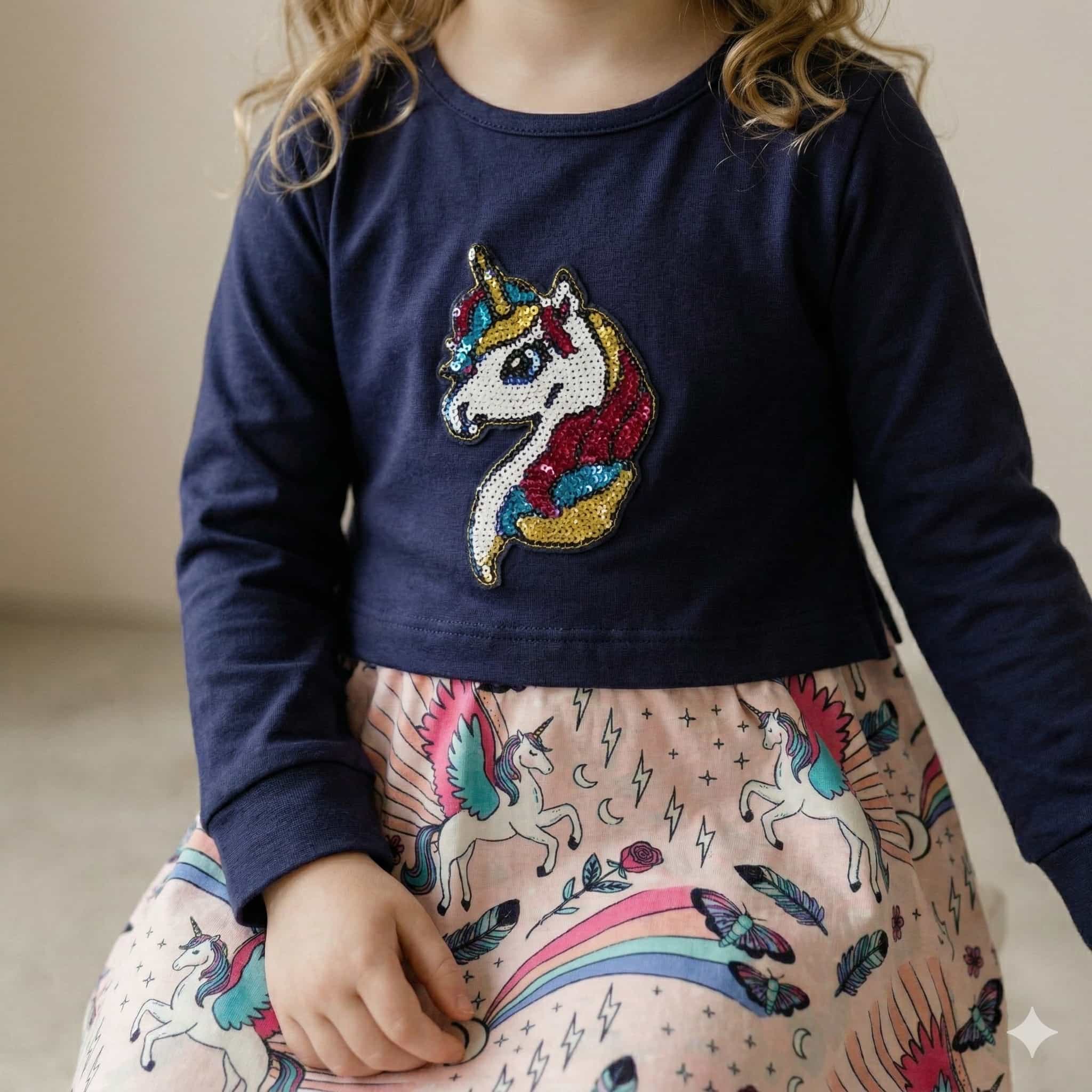 Unicorn Girls Frock - Navy Blue