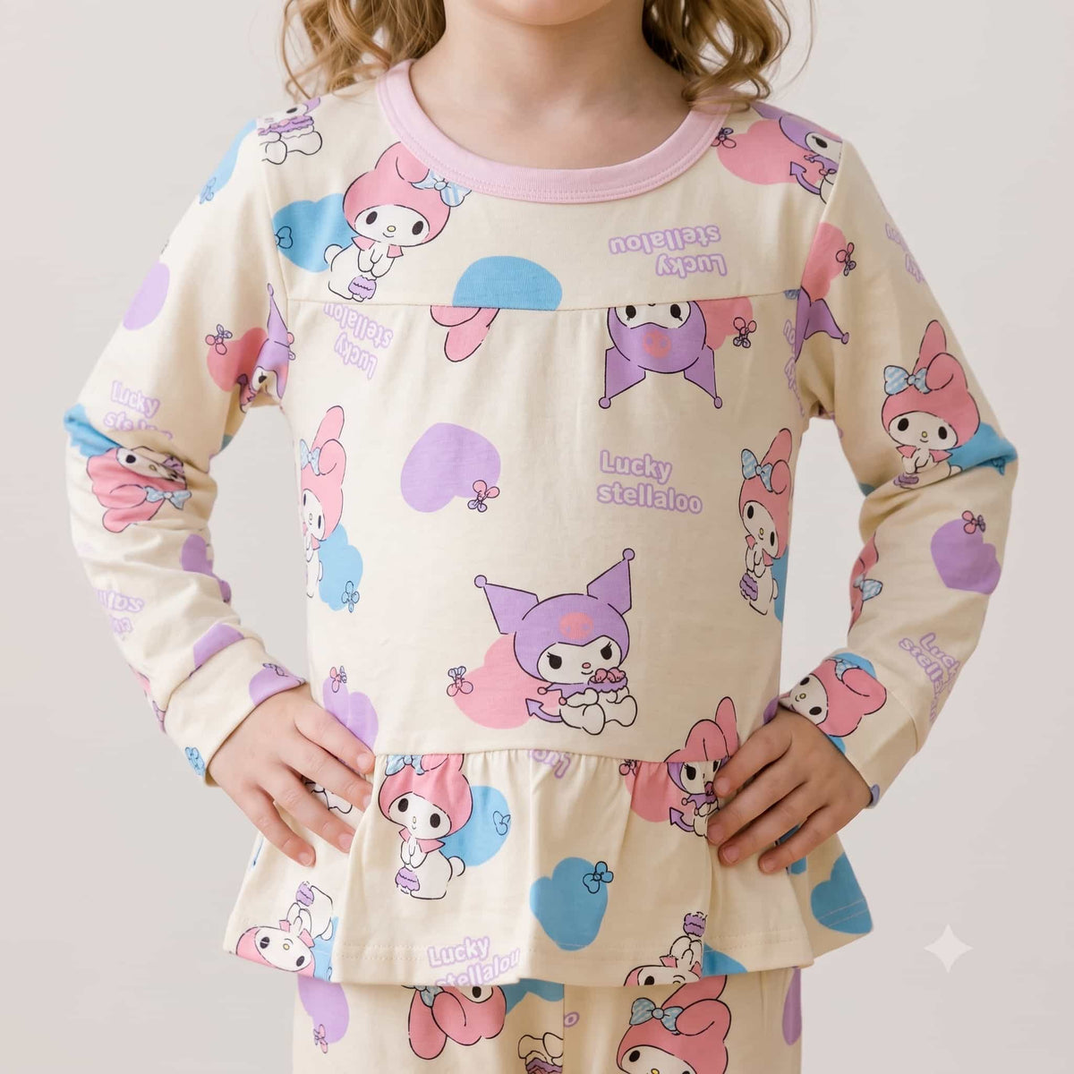 Kuromi Girls Full Sleeves Pajama Set – Cream