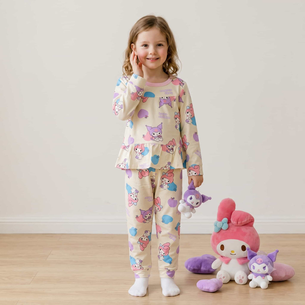 Kuromi Girls Full Sleeves Pajama Set – Cream