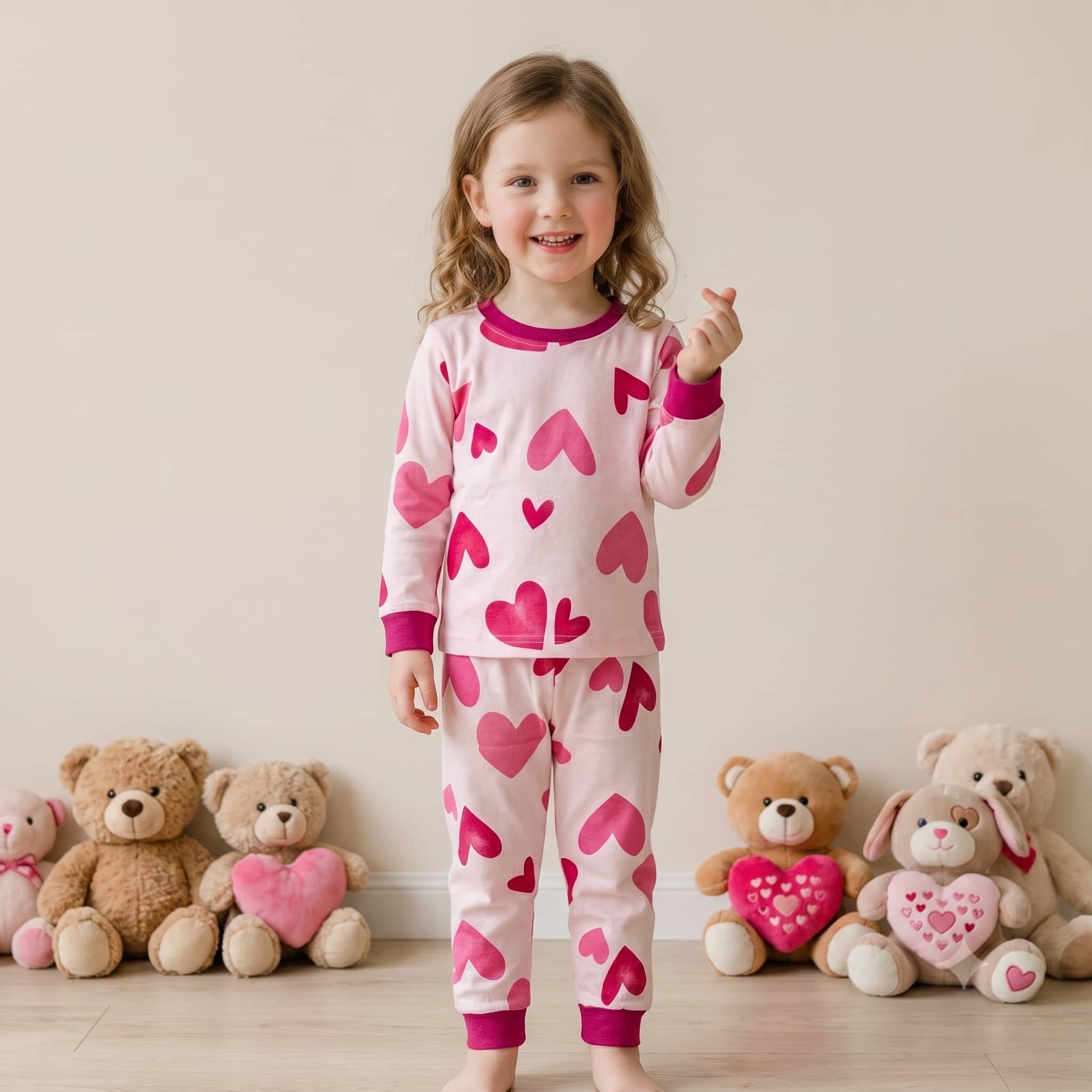 Hearts Girls Full Sleeves Pajama Set - Light Pink
