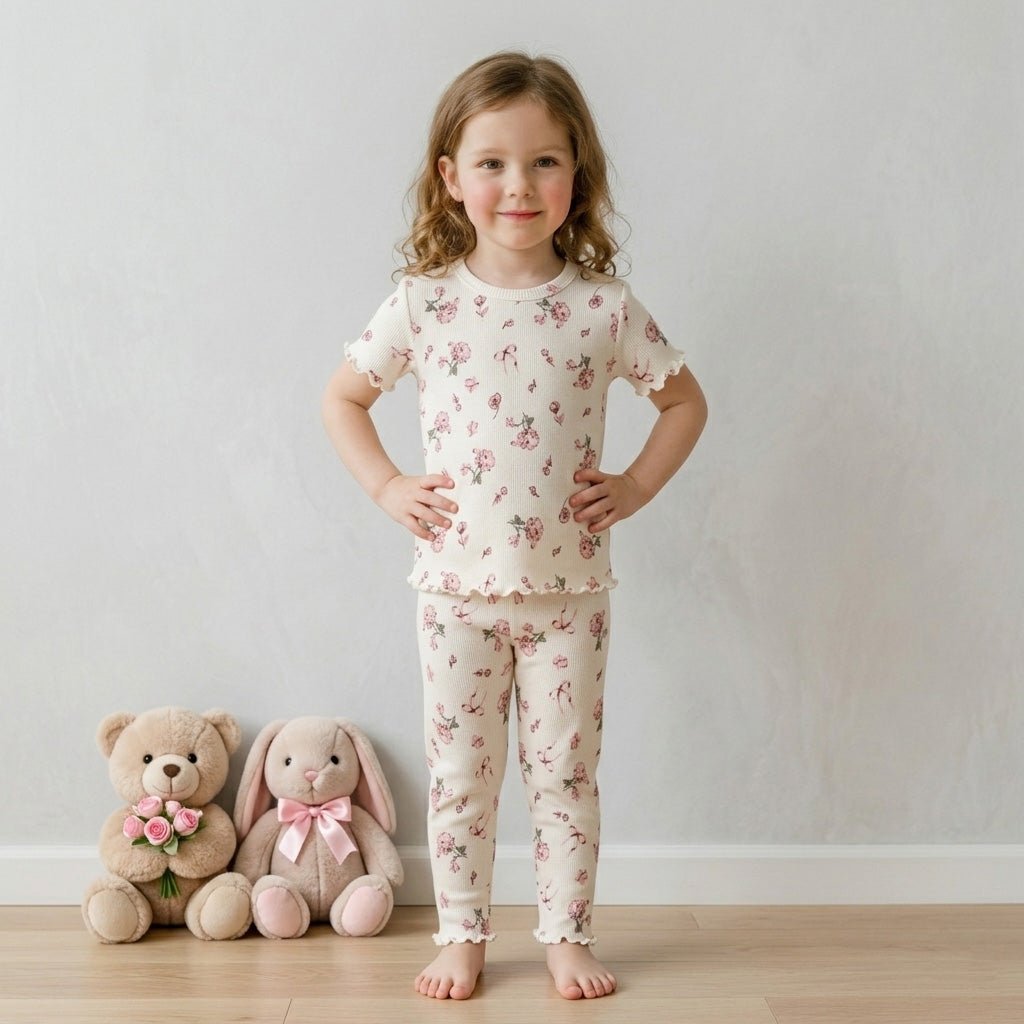Rose Bloom Girls Short Sleeve Pajama Set - Cream