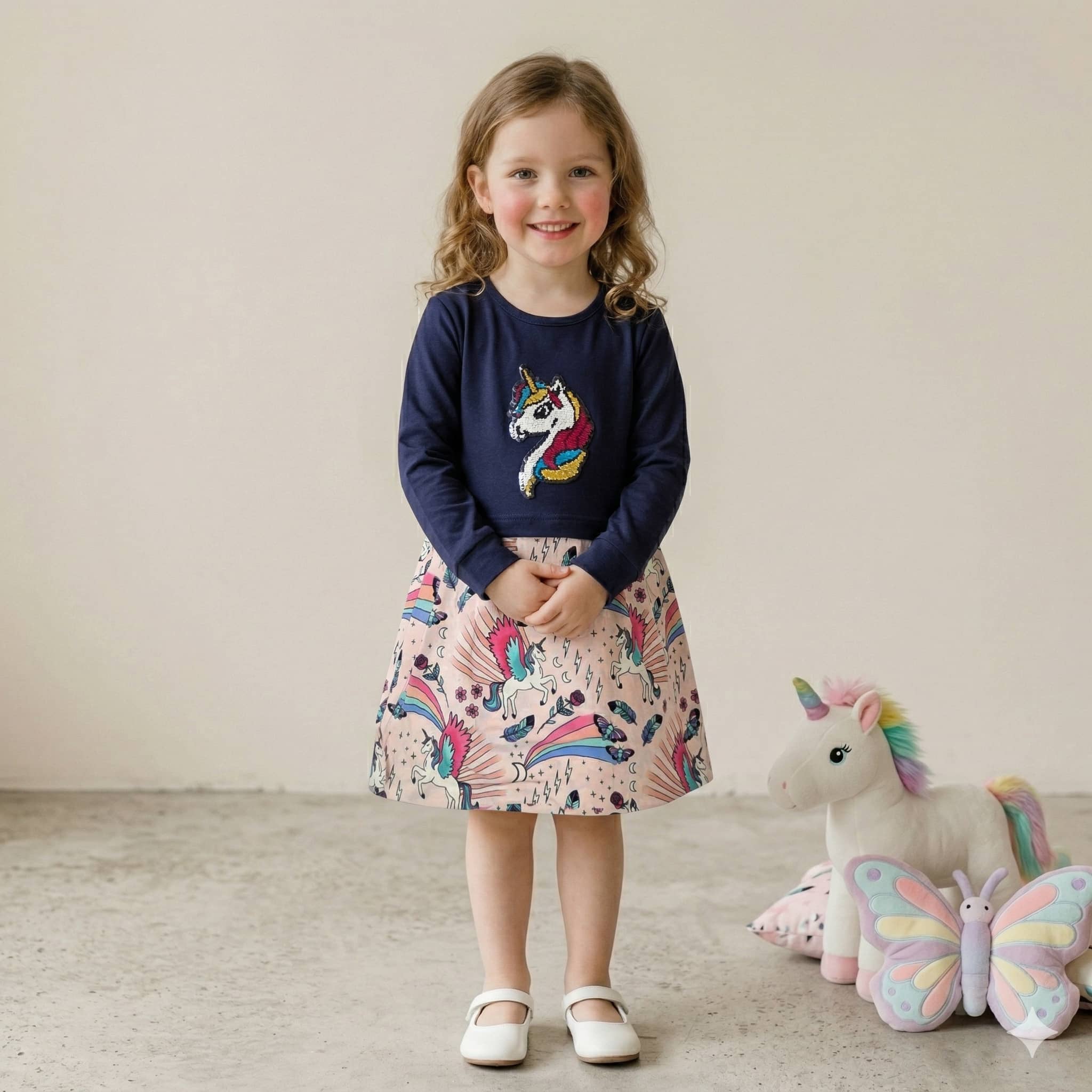 Unicorn Girls Frock - Navy Blue