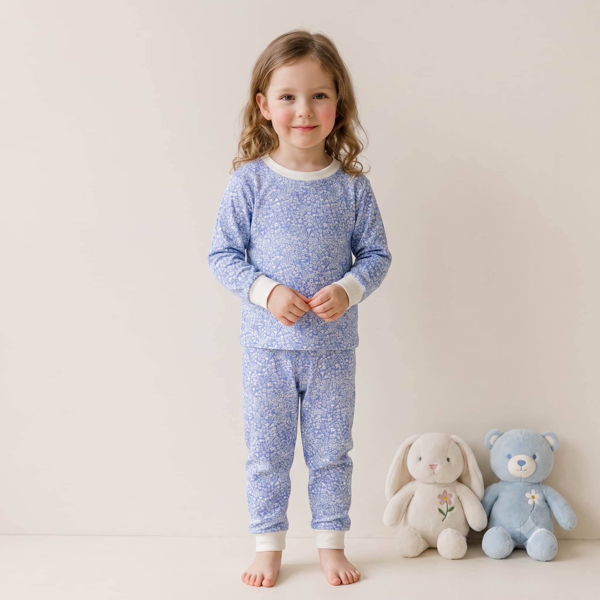Sky Blossoms Girls Full Sleeves Pajama Set - White
