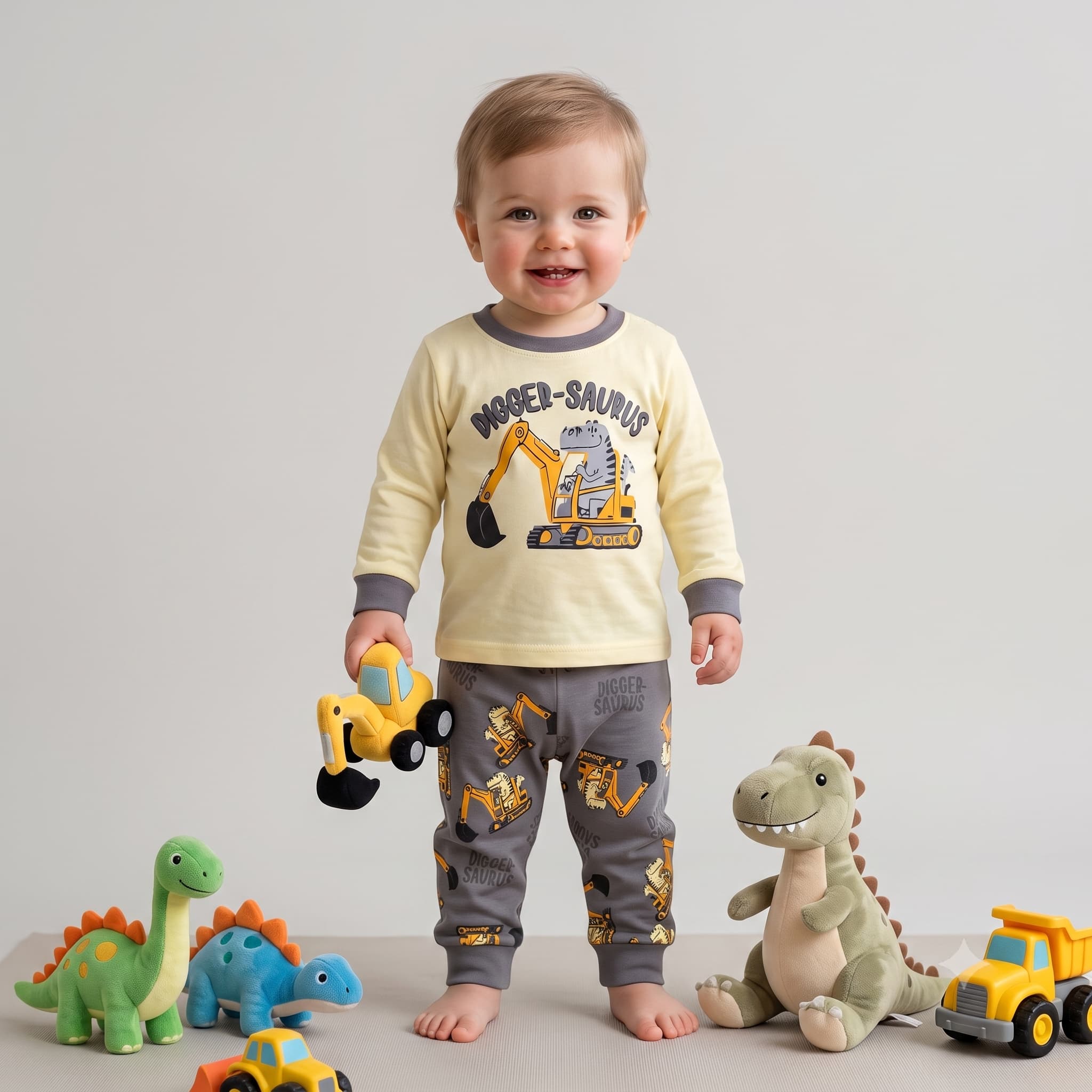 Dino Builder Baby Boys Full Sleeves Pajama Set - Yellow