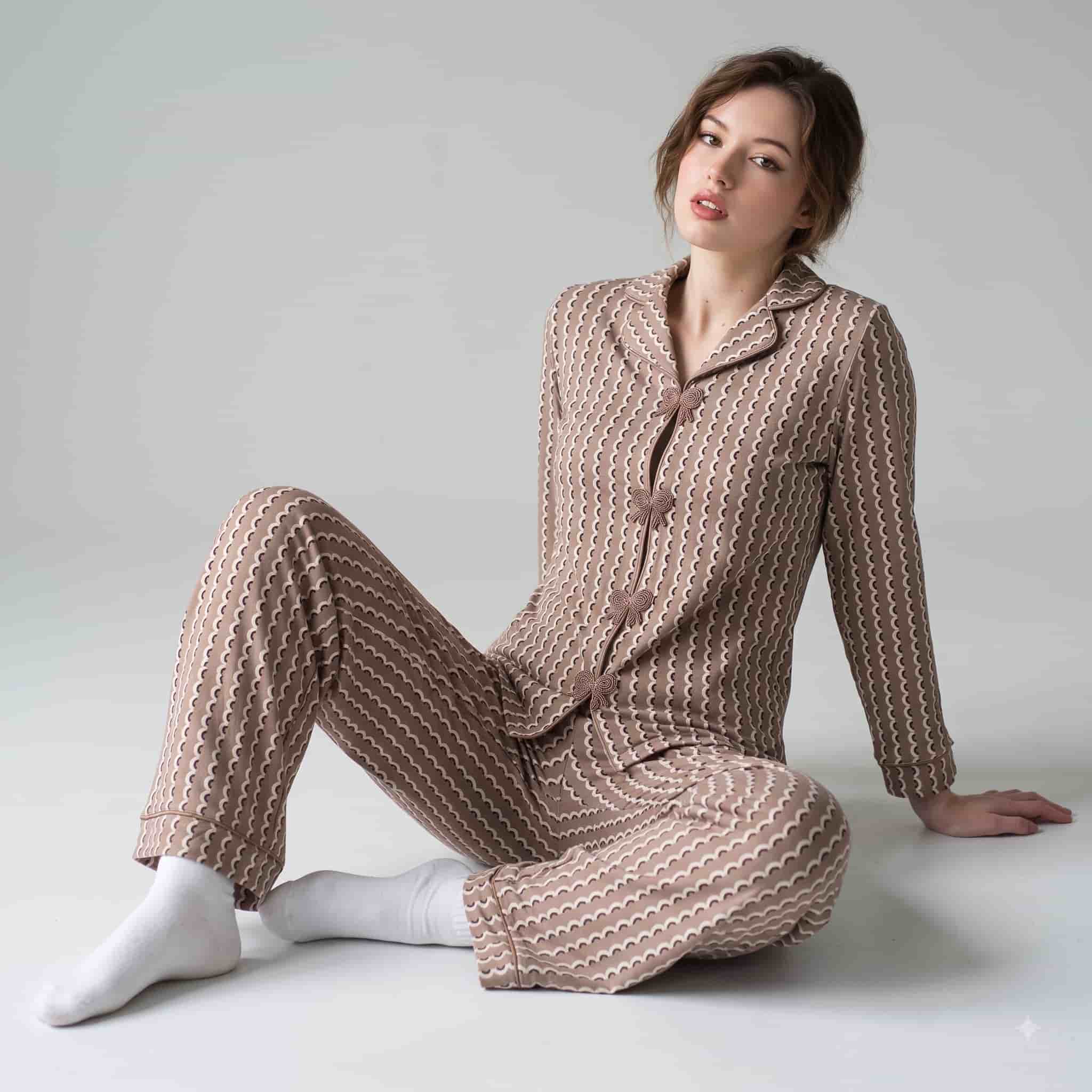 Mocha Crescent Women Full Sleeves Pajama Set - Mocha Brown