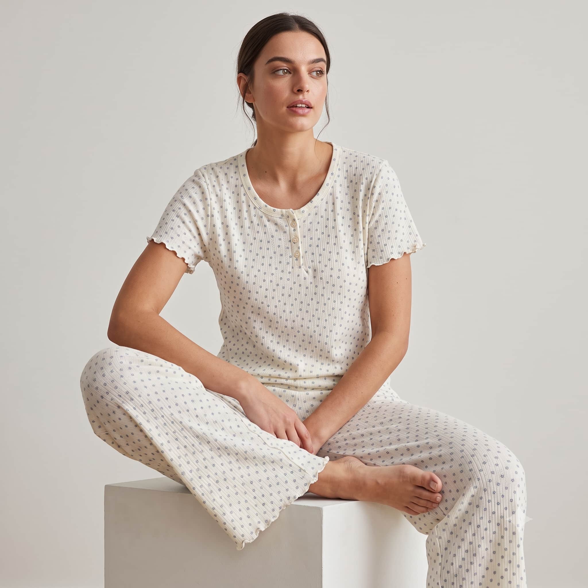 Blue Petals Women Half Sleeves Pajama Set – Ivory