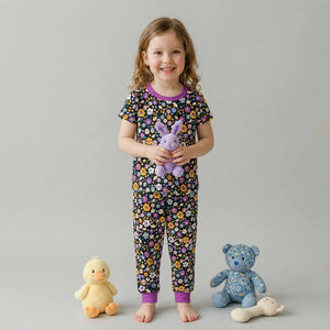 Floral Dreams Girls Short Sleeves Pajama Set - Black