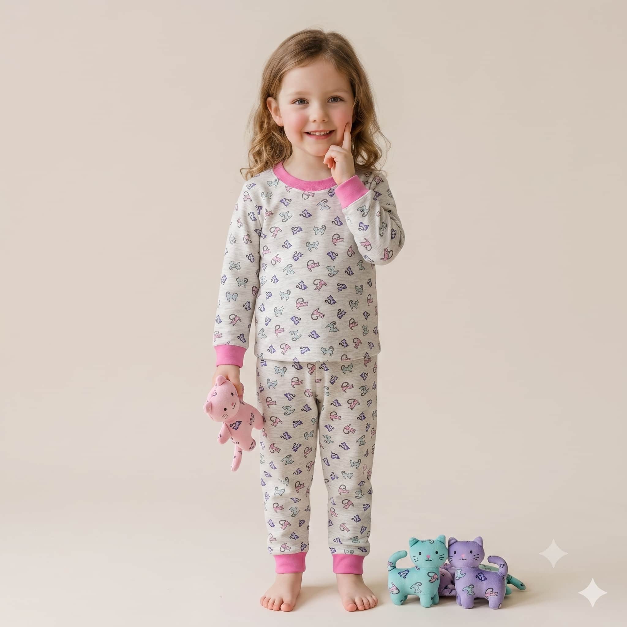 Kitties Girls Full Sleeves Pajama Set - Pink