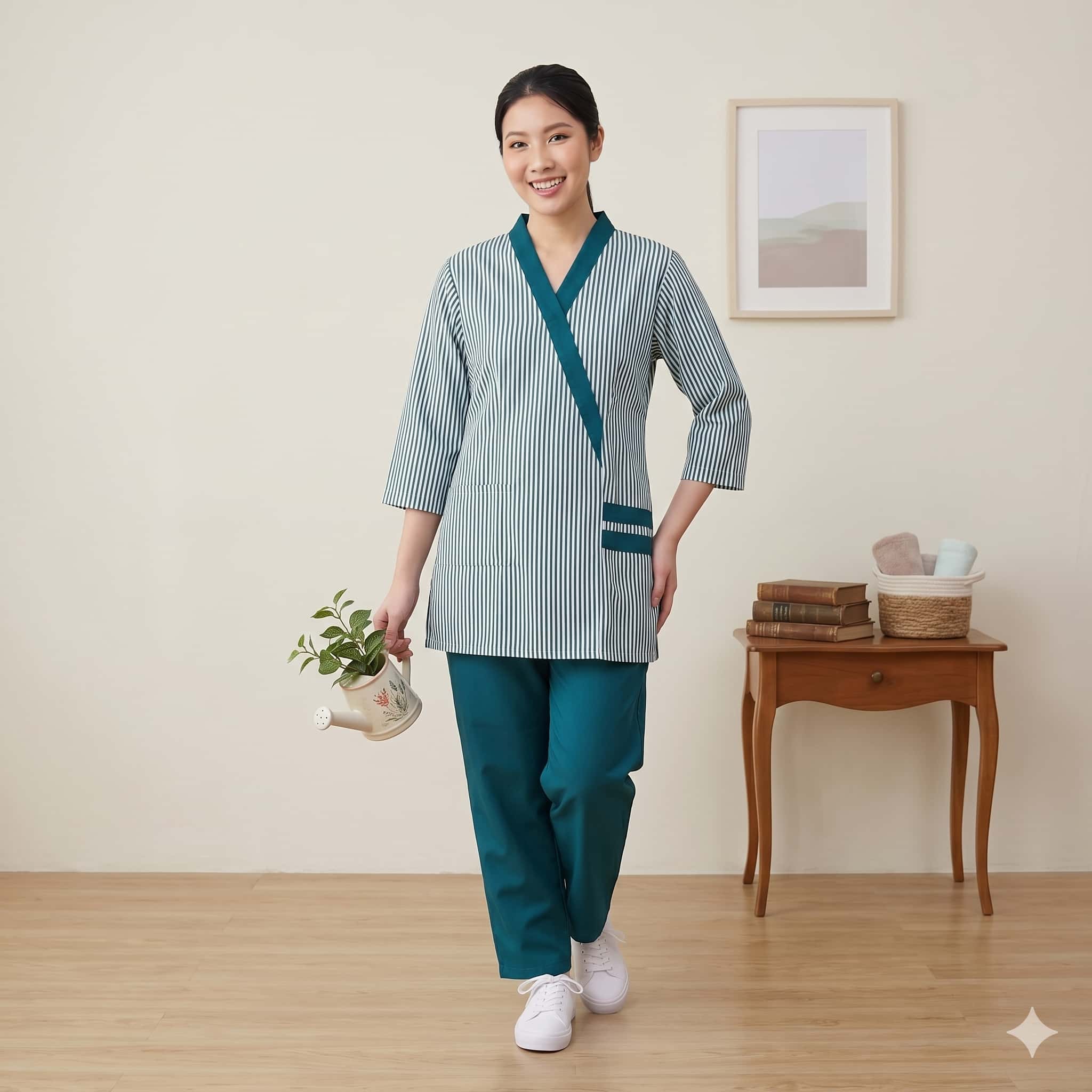 Teal Stripe Maid Women Uniform Set - Teal